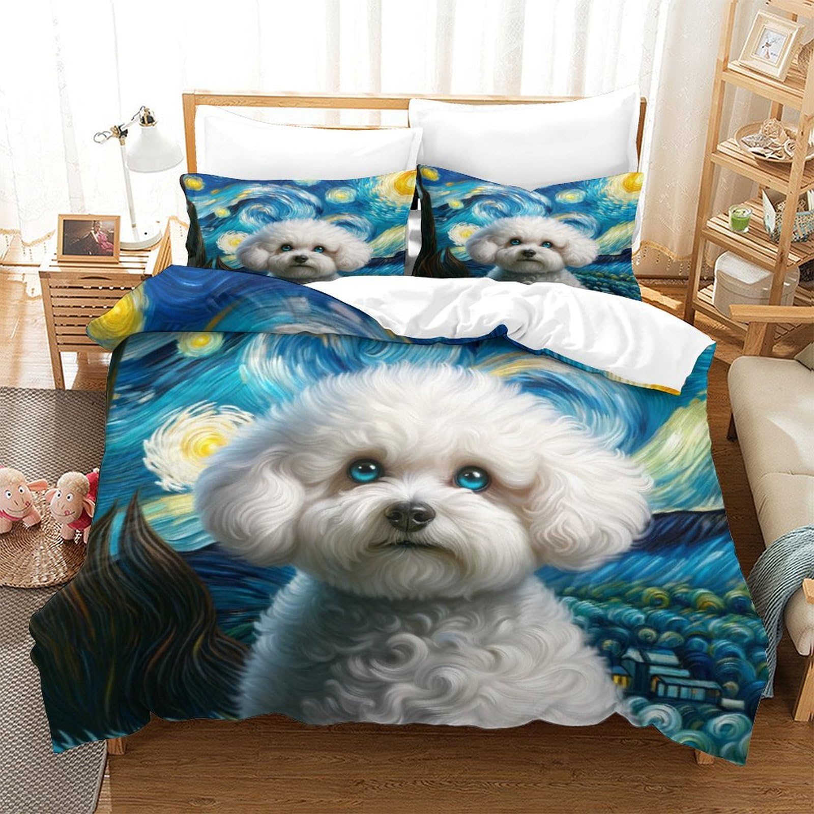 P1S9U7W5Y Starry Dog 3D Printed Microfiber 3 Piece Duvet Cover Set Bedroom Decor Puppy Bedding Set Soft Breathable for Adults Teens All Seasons King（220x240cm）
