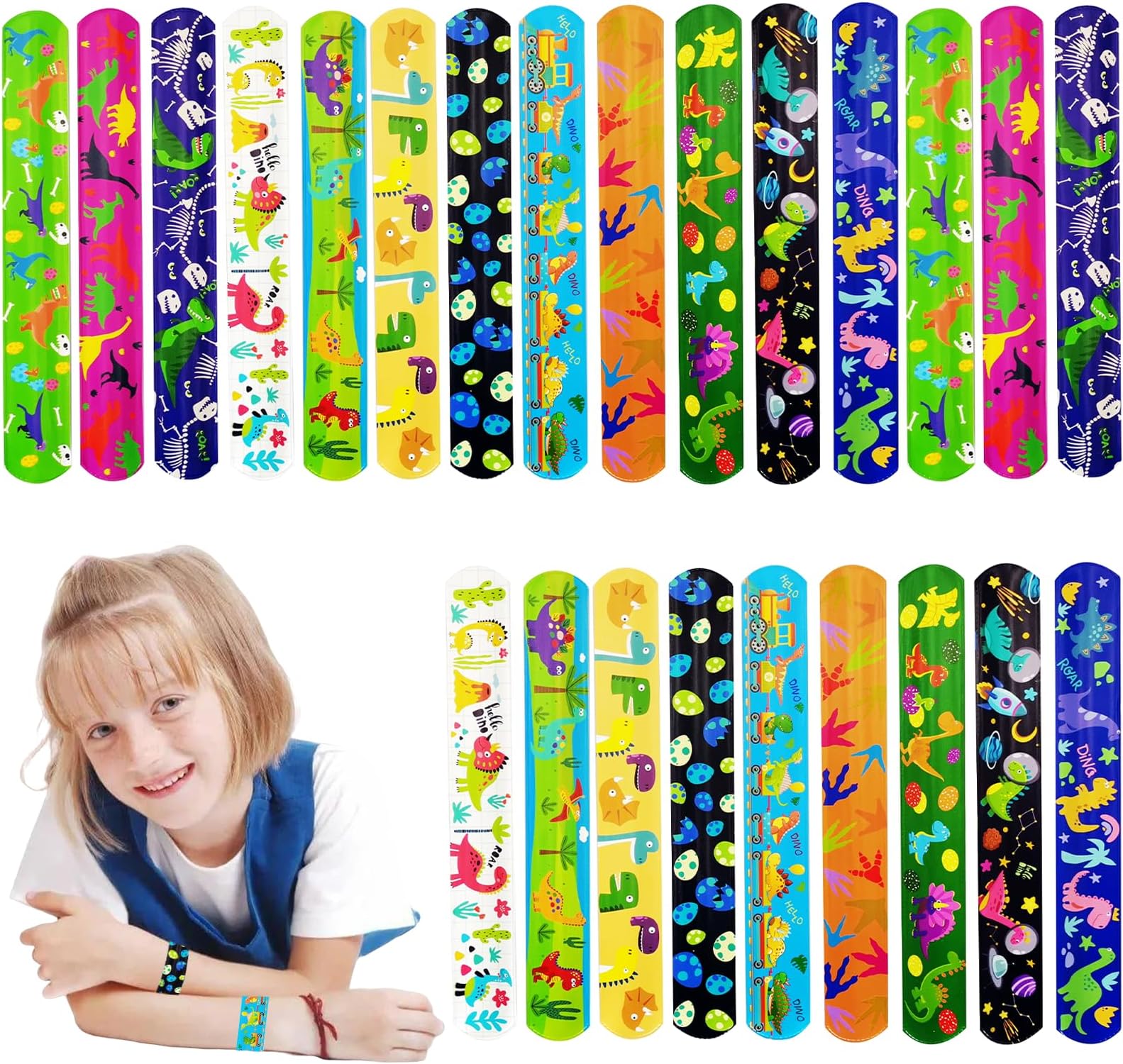 POPOYU 24Pcs Dinosaur Slap Bracelets,Snap Bracelet Bands for Gifts Bag Filler,Dinosaur Party Favors,Cute Wristbands for Kids Birthday Gifts Dinosaur Theme Party Supplies Classroom Prize Gifts