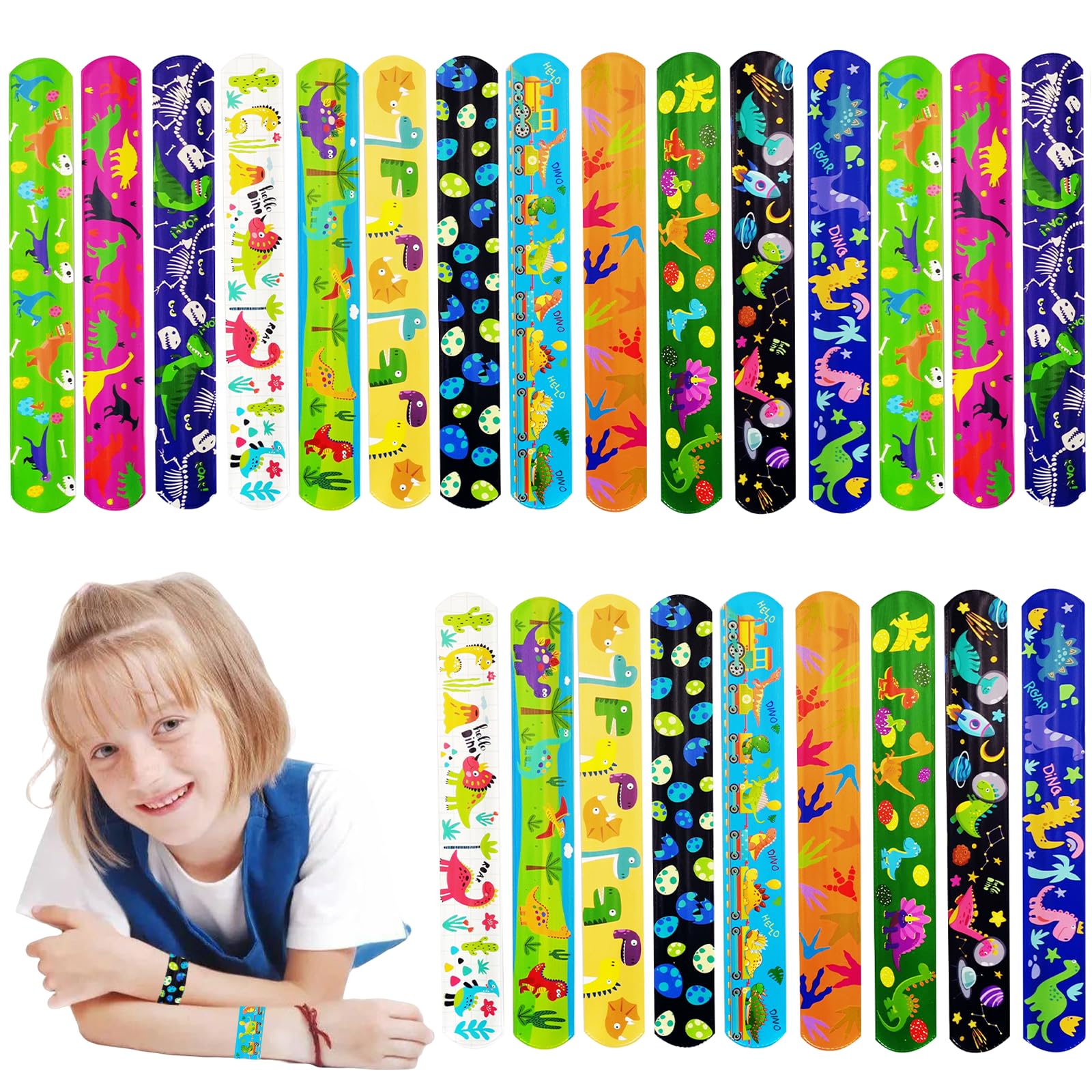 POPOYU 24Pcs Dinosaur Slap Bracelets,Snap Bracelet Bands for Gifts Bag Filler,Dinosaur Party Favors,Cute Wristbands for Kids Birthday Gifts Dinosaur Theme Party Supplies Classroom Prize Gifts
