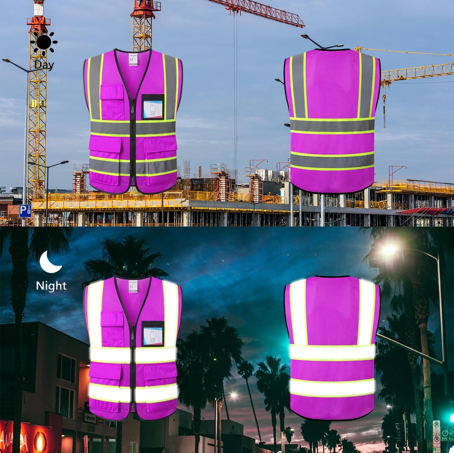 Reflective Safety Vest for Men Women Hi Vis Vest with 8 Pockets High Visibility Mesh Reflective Vest Meets ANSI/ISEA Standards (Purple-07, Large) - Image 4