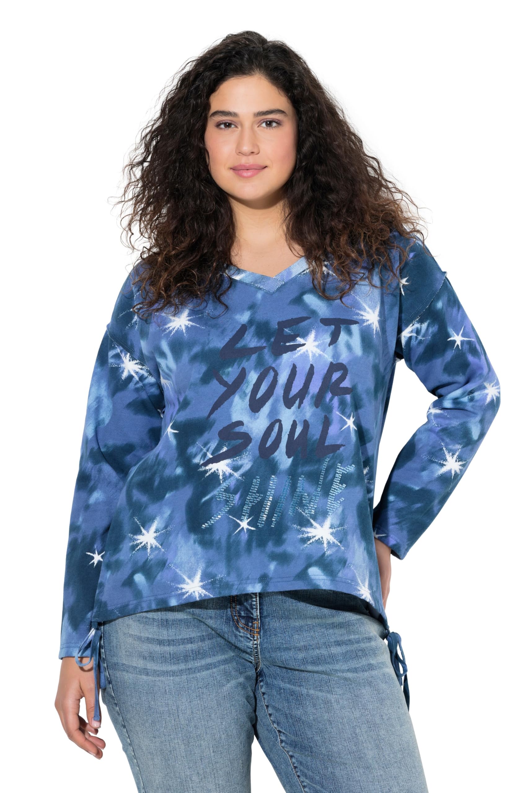 Ulla Popken Damen große Größen Übergrößen Plus Size Sweatshirt, Schriftdruck, Perlen, V-Ausschnitt, Langarm 843012