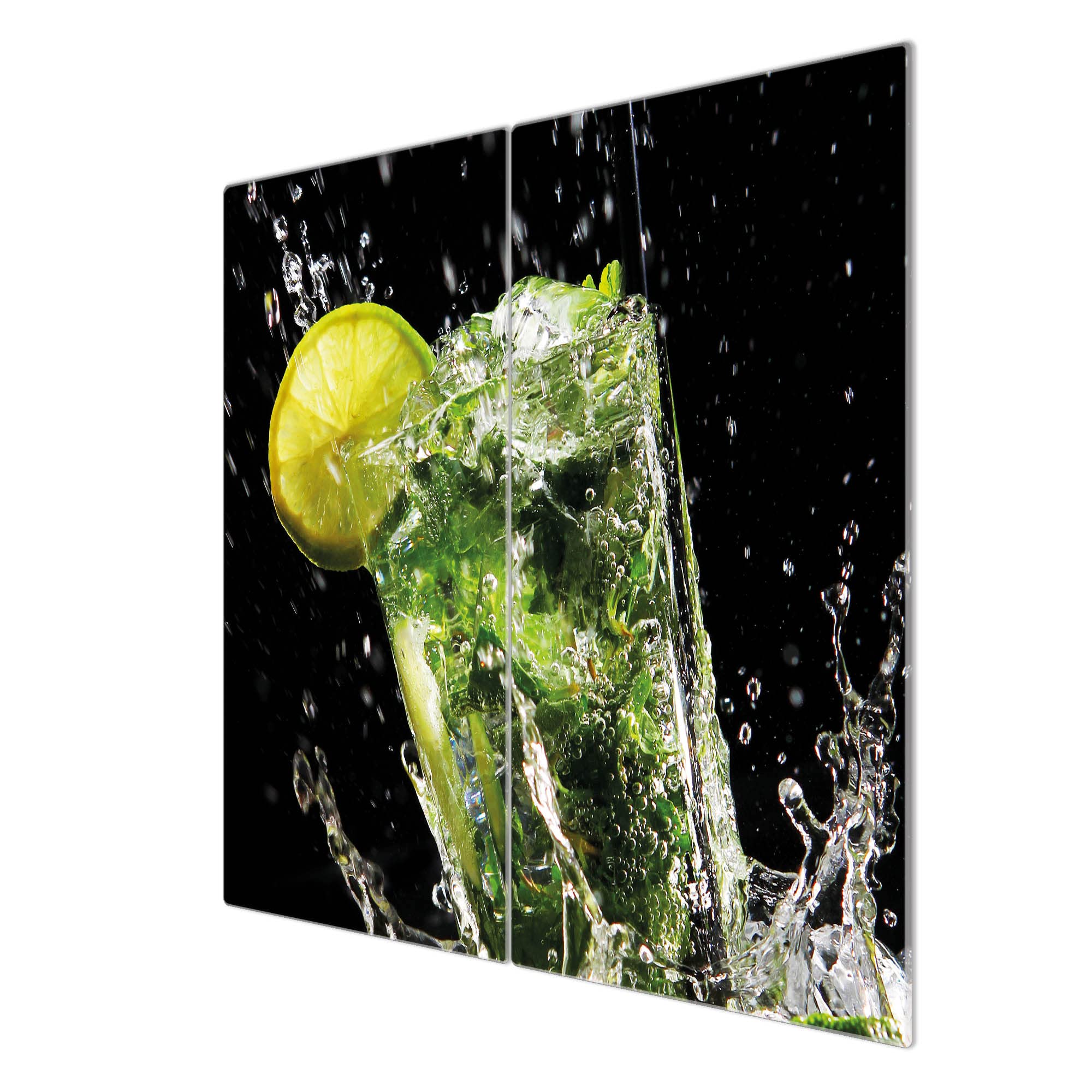 banjado Herdabdeckung Ceranfeld 2-teilig 60x52 cm, Schneidebrett Glas und Spritzschutz Küche aus gehärtetem Glas, praktische Kochfeld Abdeckung Essen & Küche im Alltag Motiv Brasilianischer Cocktail