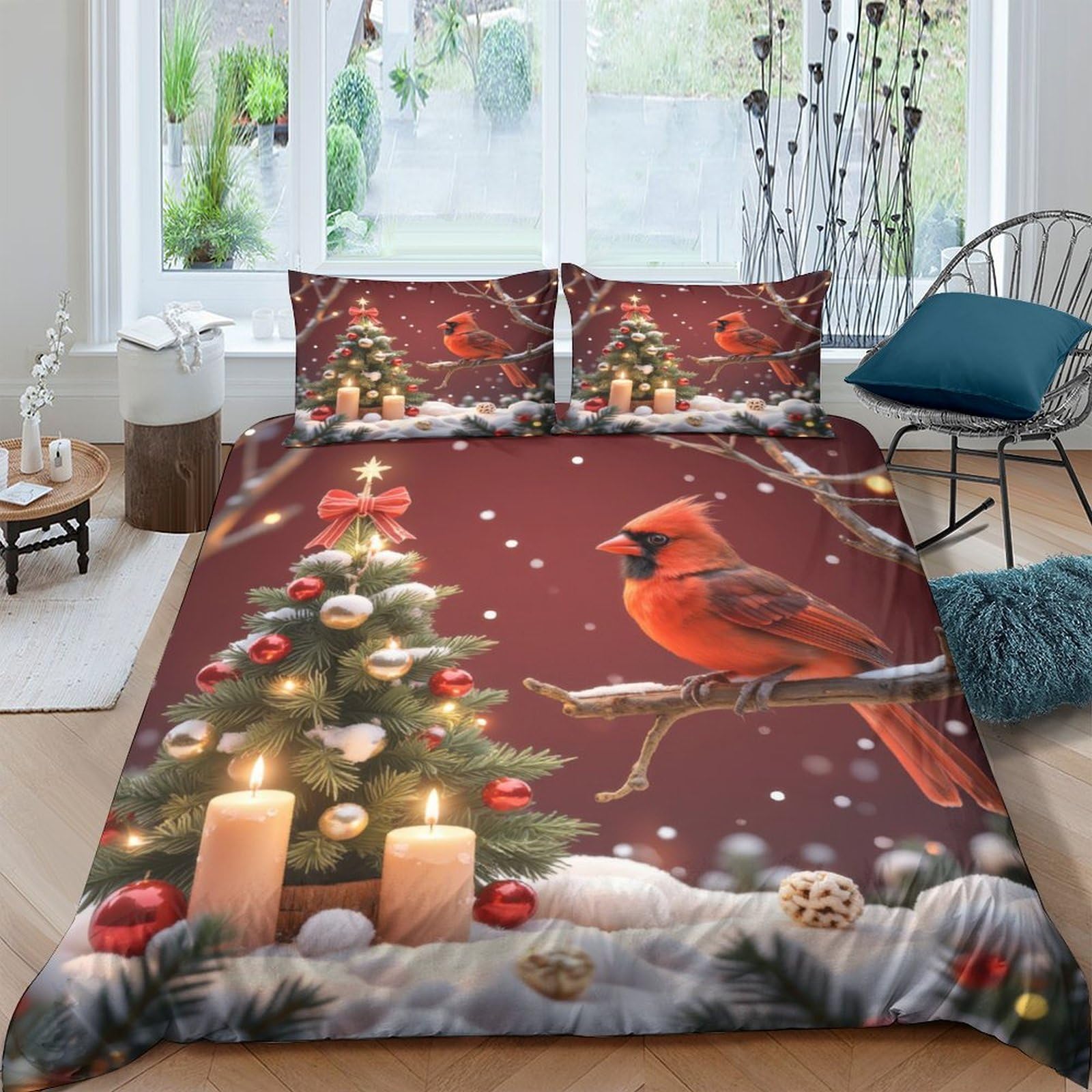 Ctjqhvkz Style-1 3D Printed Christmas Tree Fitted Sheet Microfiber Red Cardinal Bed Cover Anti-Slip Easy Care For Bedroom Guest Room Decor Single（135X200cm）