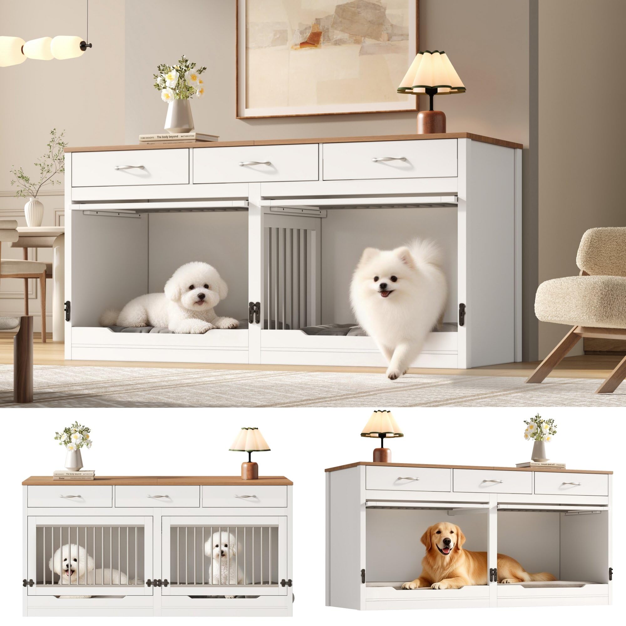 Merax Hundebox für 2 Hunde oder 1 großen Hund, Hundekäfig für Zuhause mit herausnehmbarer Trennwand, hochklappbarer Tür und 3 Schubladen, Hundehütte Indoor, 164 x 60 x 81 cm, Weiß/Holzoptik