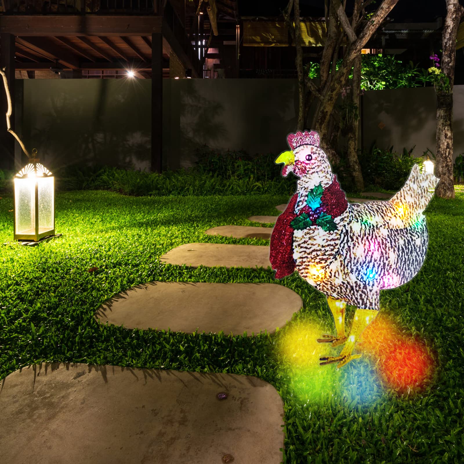 Light Up Chicken Lawn Ornament Christmas Holiday Decoration with Scarf Mini Lights Rooster Animal Garden Stakes Signs for Ground Lawn Outdoor Decor Extra Large(40x25CM)