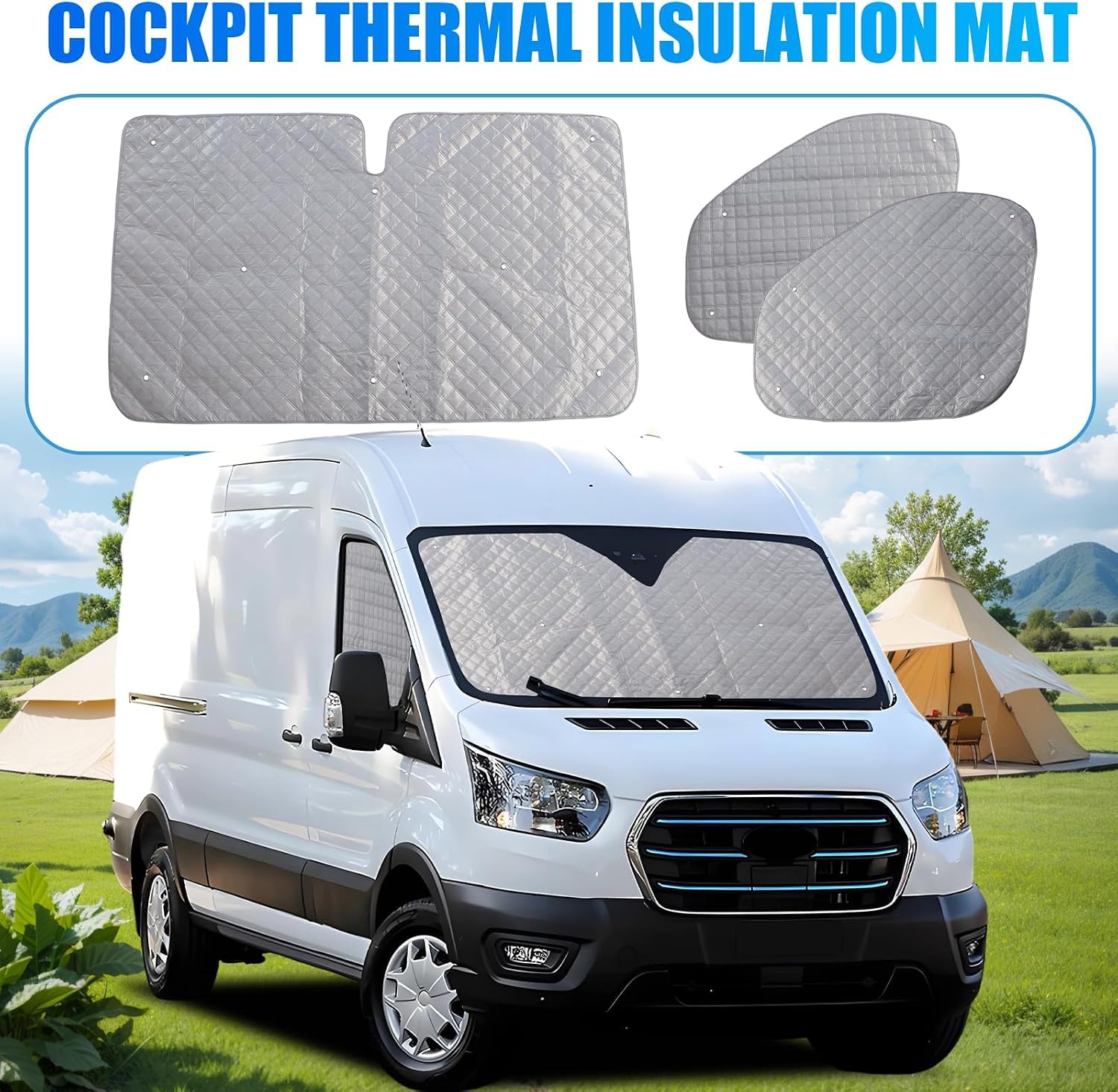 3 szt. mat termicznych na przednią szybę, pasuje do Ford Transit MK8 | Wodoszczelna aluminiowa osłona przedniej szyby do kampera, zaciemnienie, izolacja, ochrona prywatności