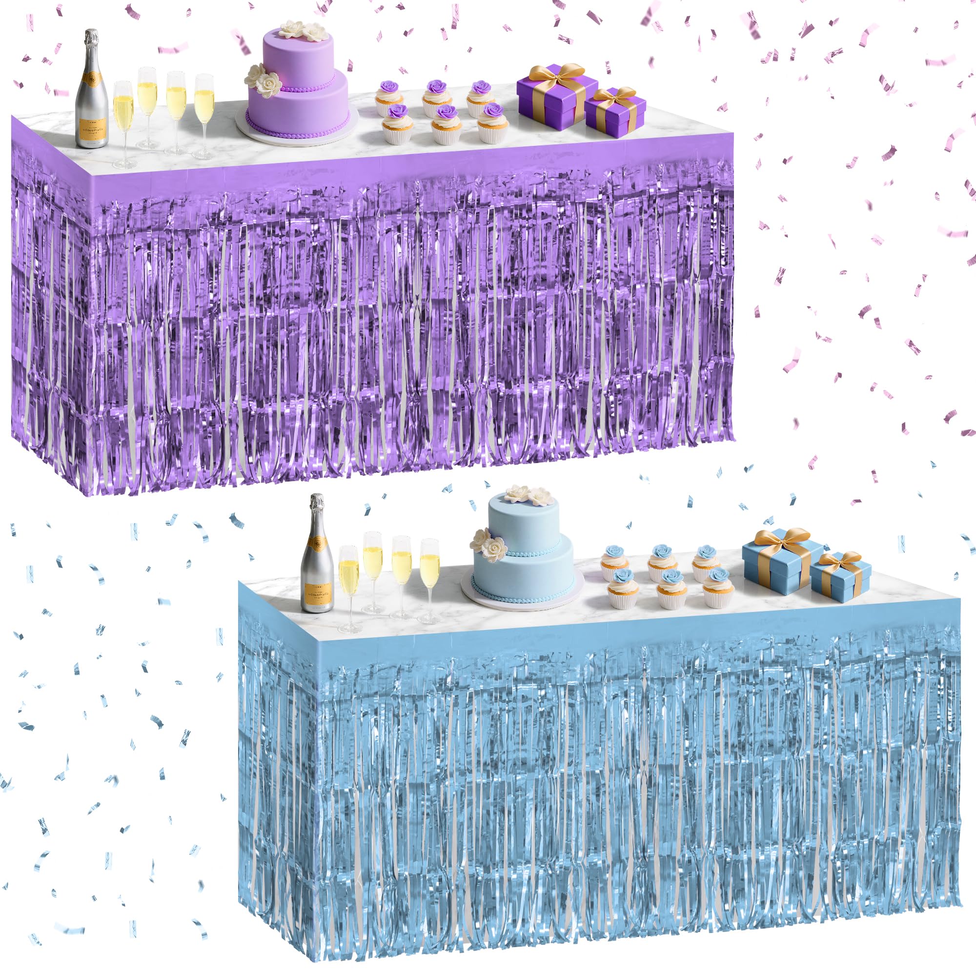 Photo 1 of 2 Pack Light Blue Light Purple Table Skirts, 29x108" Metallic Foil Tinsel Fringe Table Skirt for Rectangle Tables Streamer Curtains Backdrop, Party Decorations for Birthdays, Weddings, Holidays