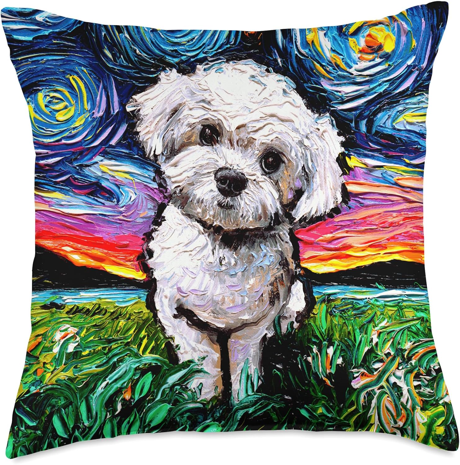 Maltipoo Starry Night White Maltese Poodle Dog Lover Artwork Throw Pillow