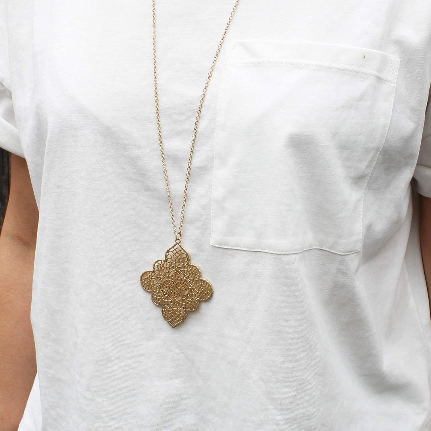 POMINA Gold Geometric Floral Leaf Filigree Pendent Long Necklace Simple Casual Fashion Sweater Long Gold Chain Necklace for women - Image 8