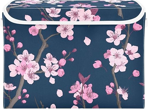 Bolsas de almacenamiento plegables de flores de cerezo para ropa, contenedores de almacenamiento de tela con asa reforzada, organizadores de armario