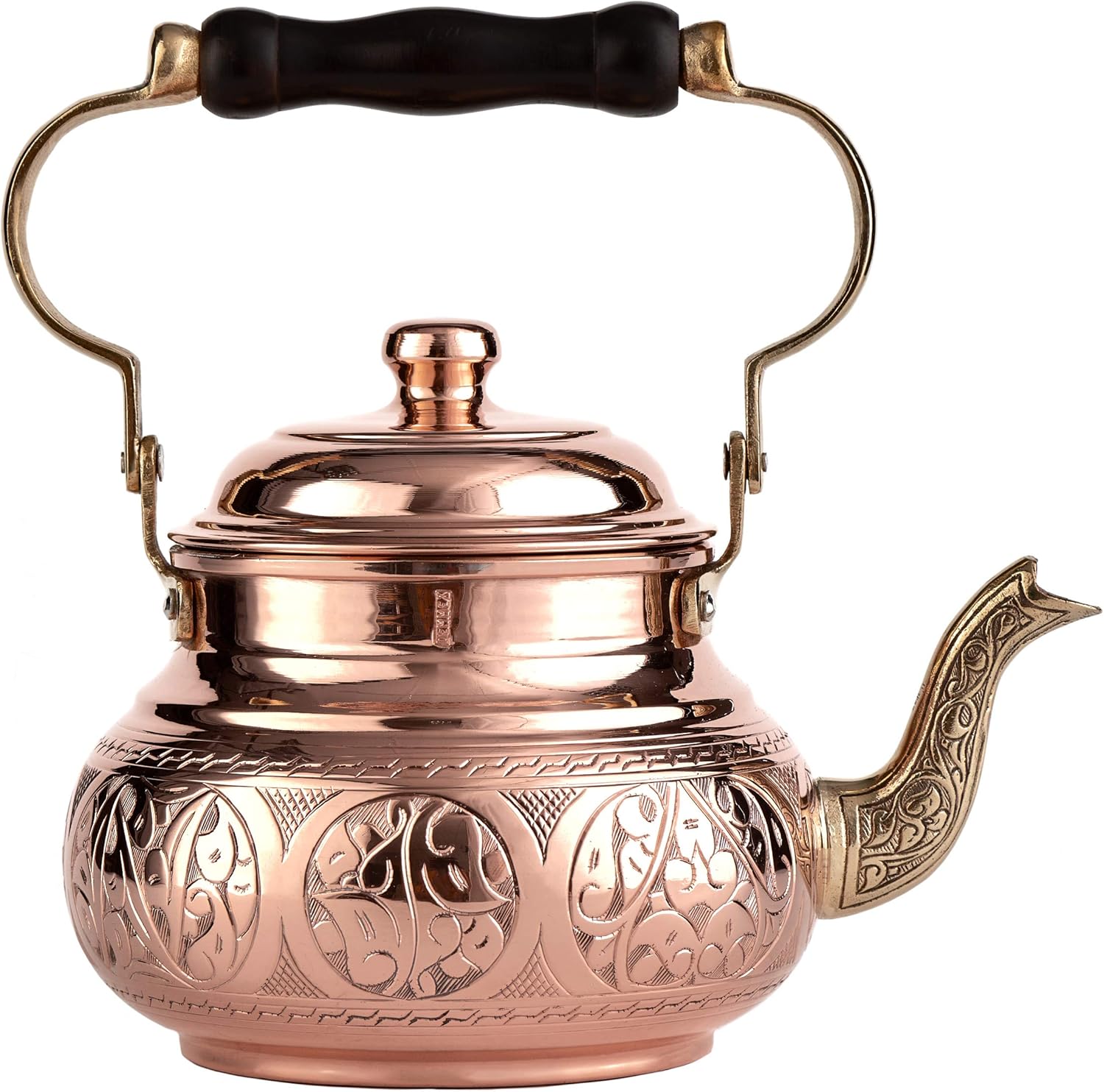 DEMMEX Handmade Engraved 1mm Thick Solid Uncoated Copper Tea Pot Kettle Stovetop Teapot, 1.6-Quart