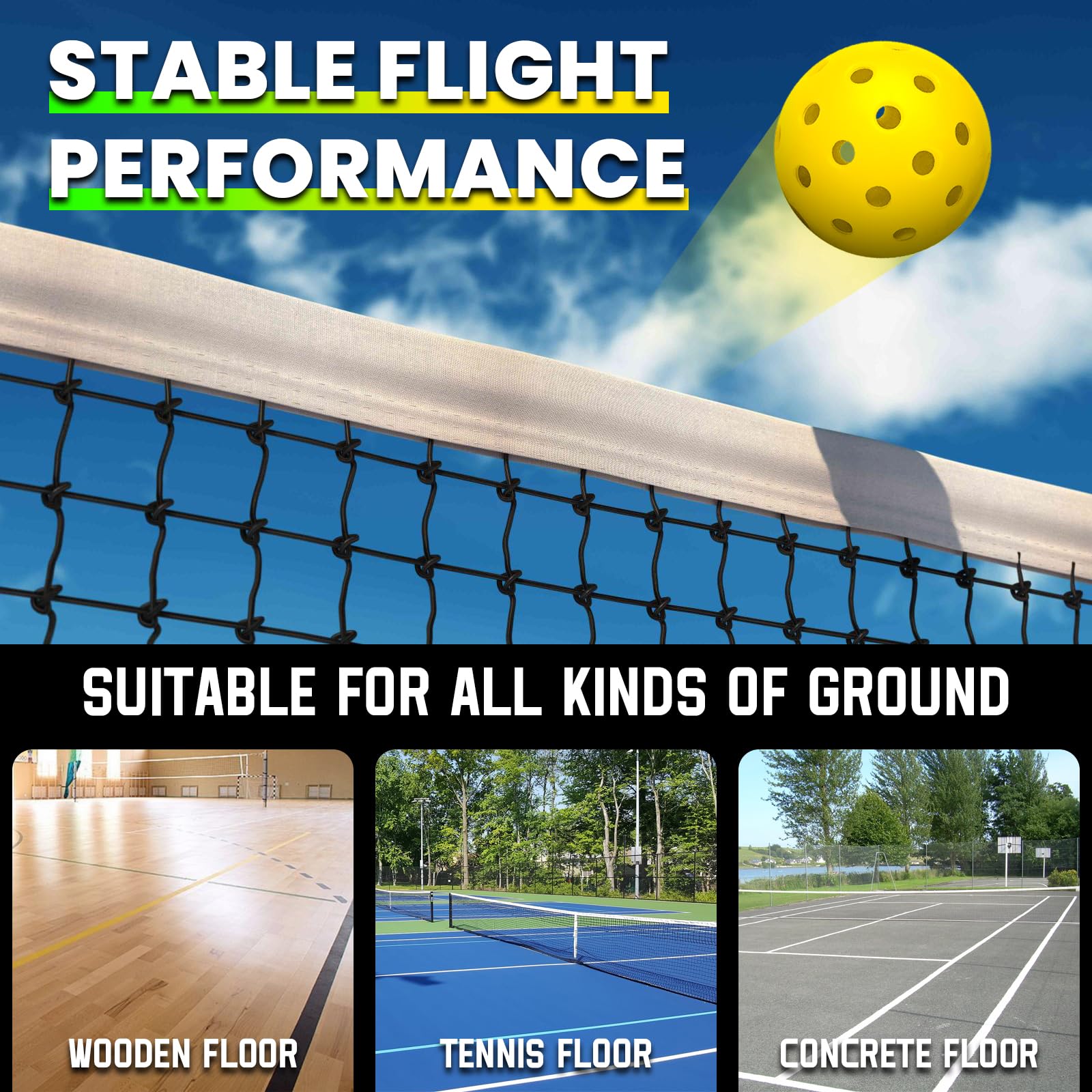 LUCYLANKER Palline da Pickleball da Esterno, Palline da Pickleball a 40 Fori con Borsa in Rete & 2 Riciclatori di Palline, Alto Rimbalzo & Resistente per Tutti gli Stili, Paddle & Campo da Pickleball