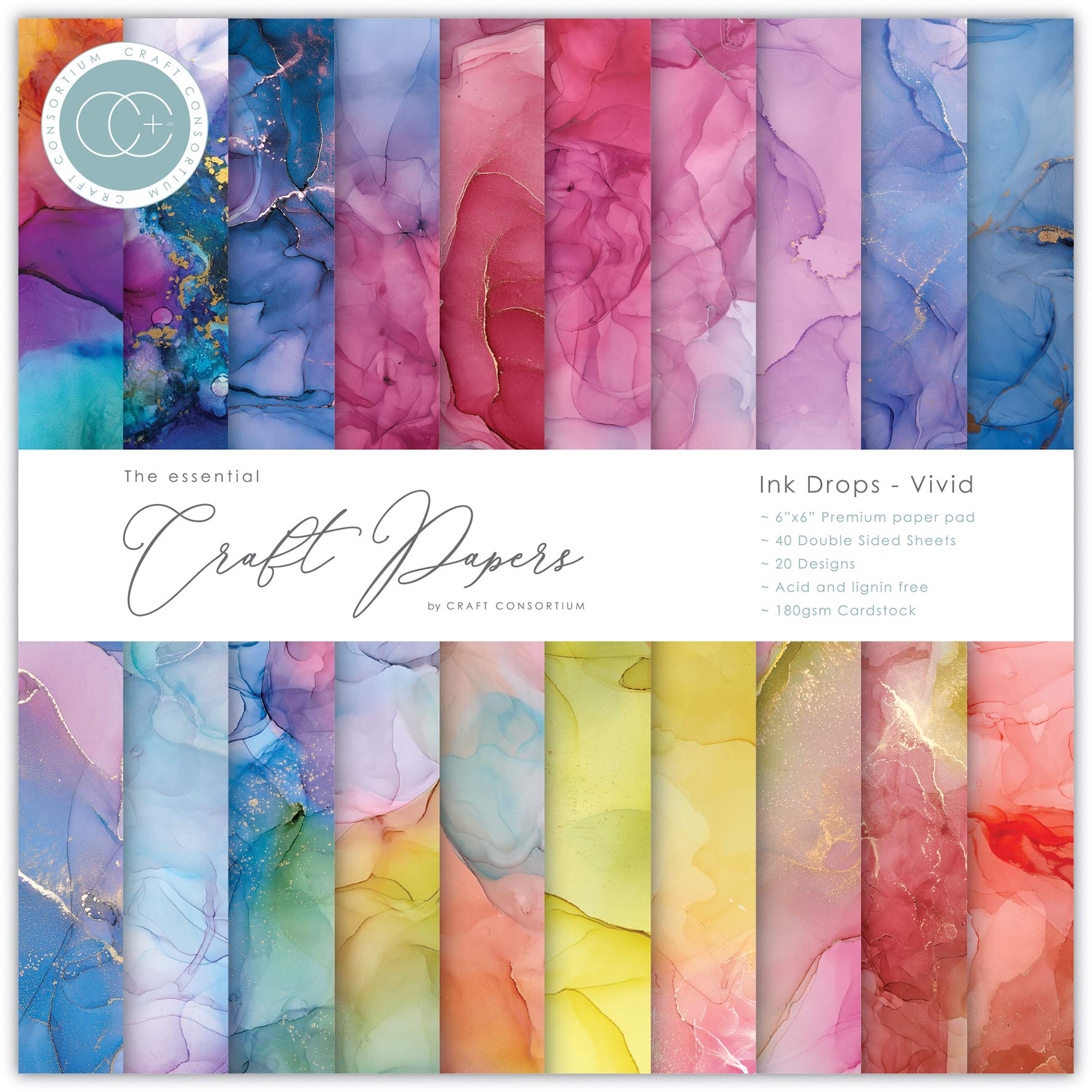 Craft Consortium Double-Sided Paper Pad Ink Drops - Vivid, 20 Designs