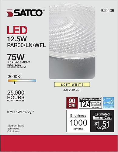 Miniatura 7 de Satco S29436 - Bombilla LED PAR30LN de 12,5 W y 120 voltios; luz blanca suave de 3000 K; 1000 lúmenes; ángulo de haz de 60 grados; base mediana E26