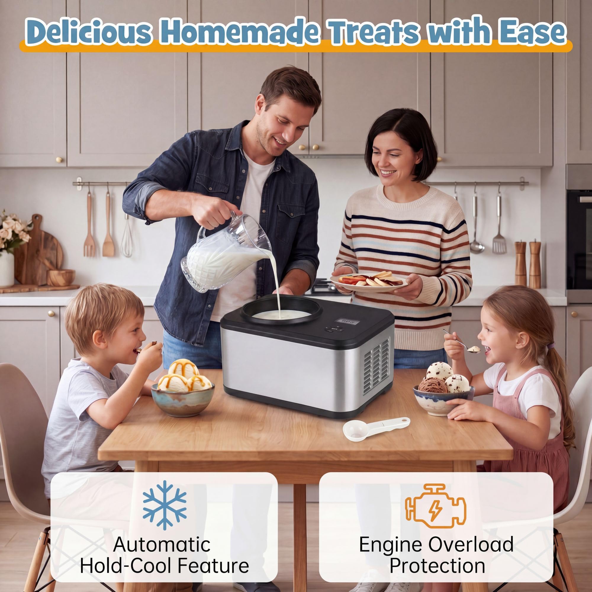 LIFEZEAL Gelatiera Autorefrigerante 1,5 L con Compressore, 120W Macchina per Gelato 4 Modalità, per Frozen Yogurt e Gelato, Display LED, Timer 24H, Cestello Rimovibile e Misurino, Acciaio Inox, Nero
