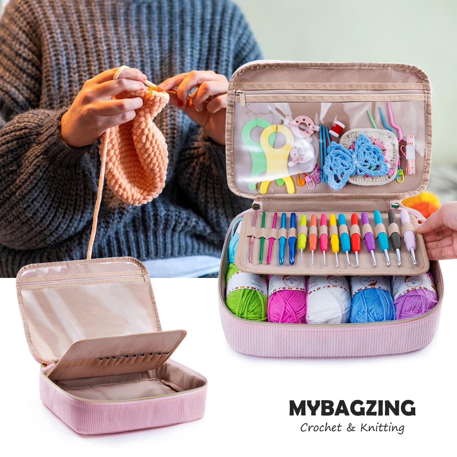 MYBAGZING Häkelset für Anfänger mit Garnaufbewahrungstasche, 10 Stück Häkelnadeln 2,0–6,0 mm, 10 Knäuel Garn zum Häkeln, Strickzubehör, 58-teiliges Häkel-Starter-Set für Erwachsene