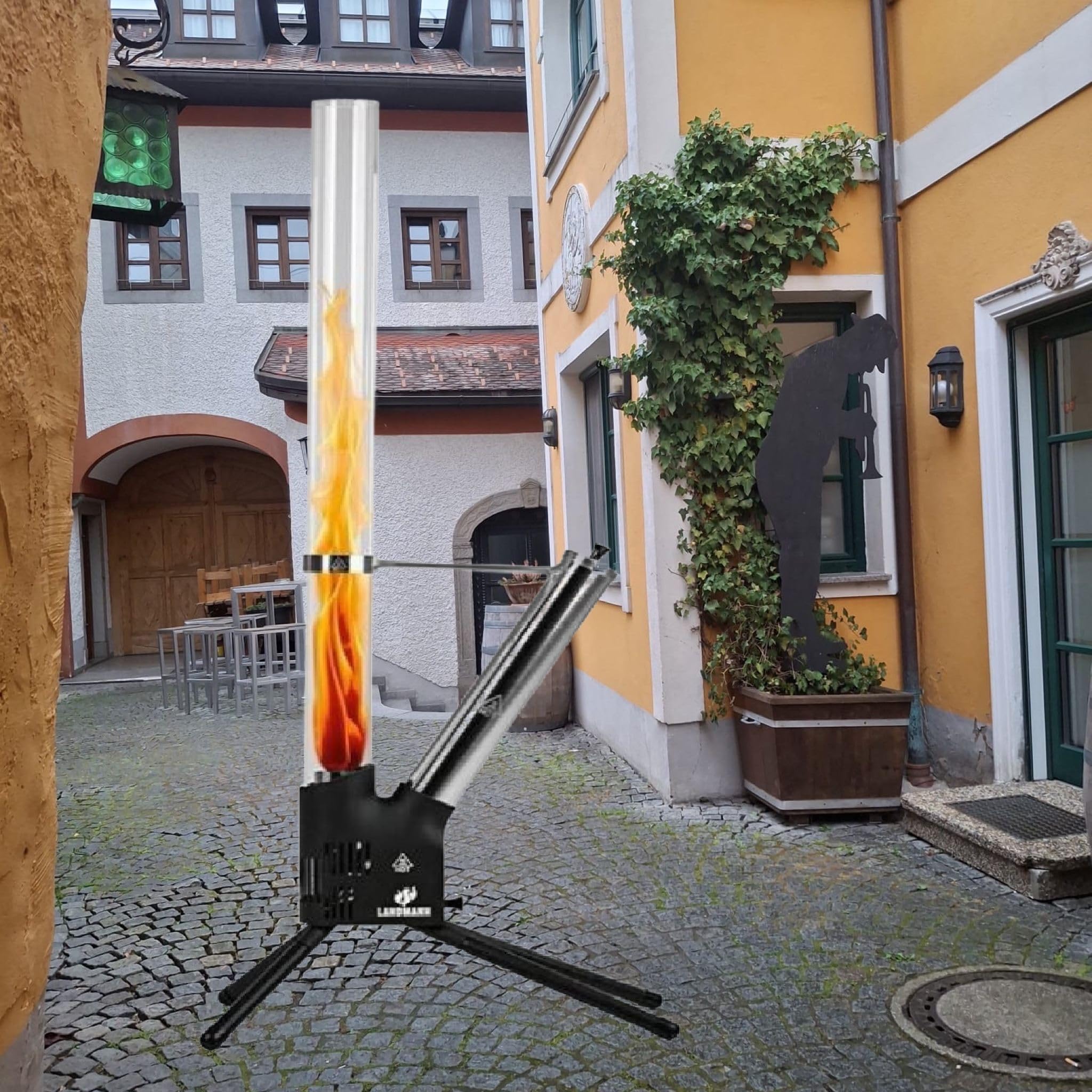 Feuersäule Schwarz/Silber – Outdoor Pellet Feuerstelle 126,5 cm mit Borosilikat-Glasrohr, raucharm, bis 75 Min. Brenndauer, Edelstahl & Aluminium für Garten und Terrasse