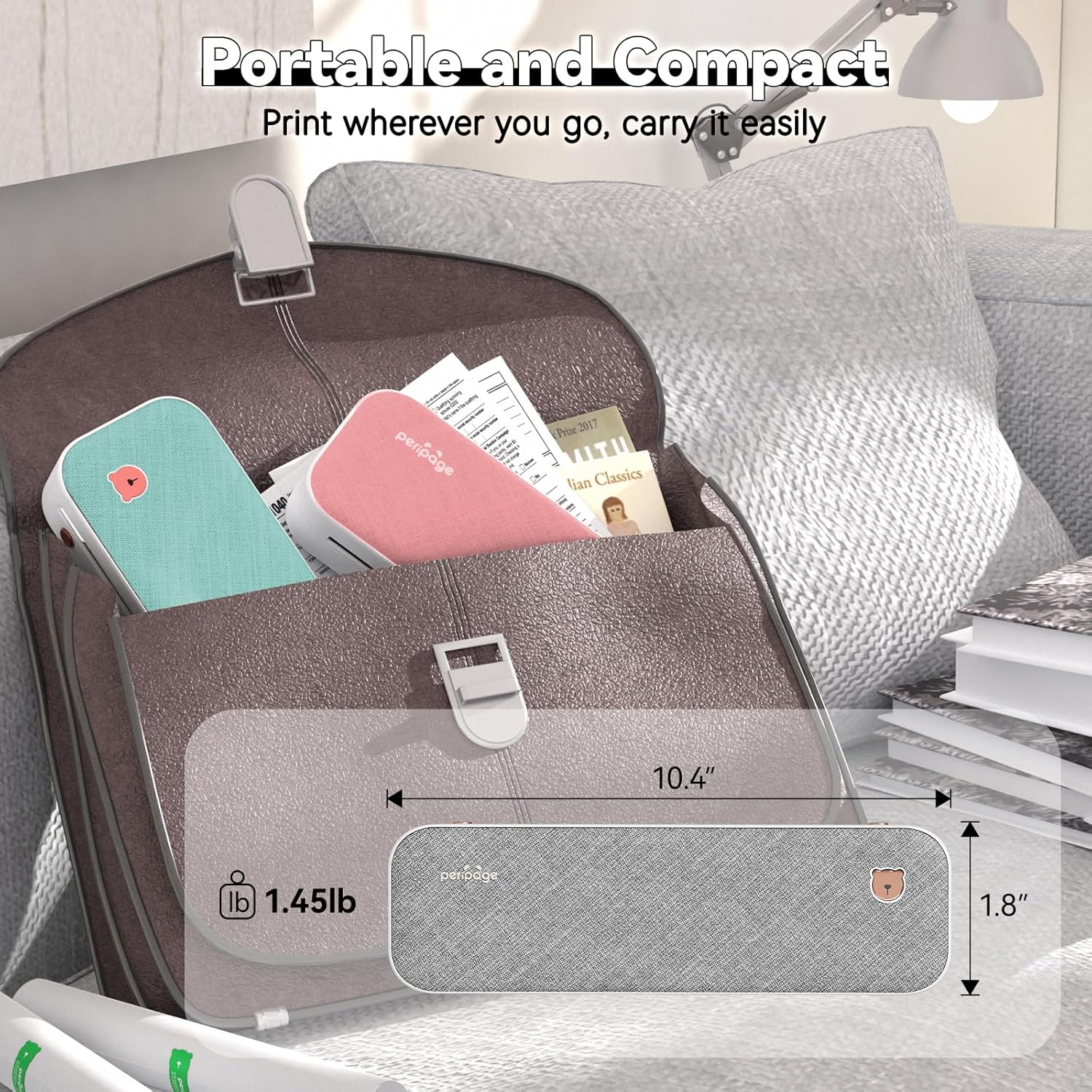 PeriPage A40 printer being carried in a bag, highlighting its portability