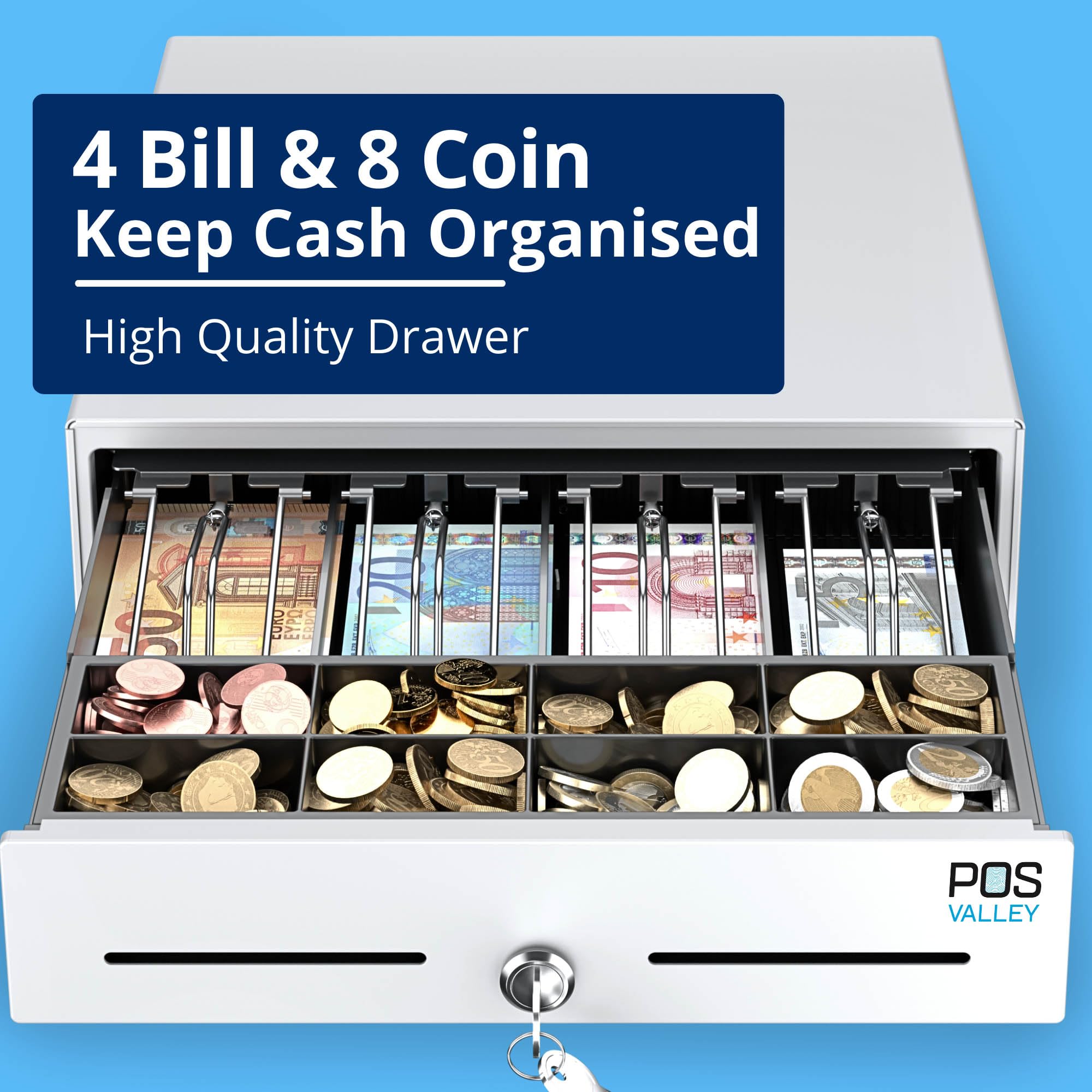 Mini Cajón Caja Registradora Pequeño, Apertura Automática RJ11 y Llave, Inserto para Efectivo 4 Billetes y 8 Monedas (Euro), 33x33 cm (Blanco)