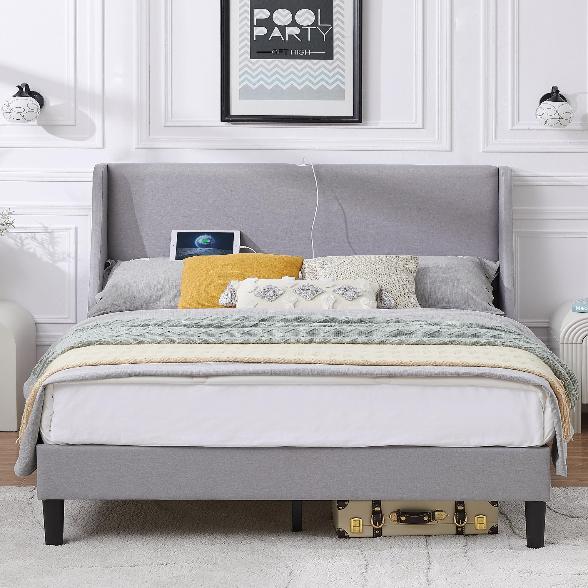 VECELO Queen Bed Frame with Type-C & USB Port, Wingback Headboard, Upholstered Platform Bedframe with Charging Station & Side Pockets, No Box Spring