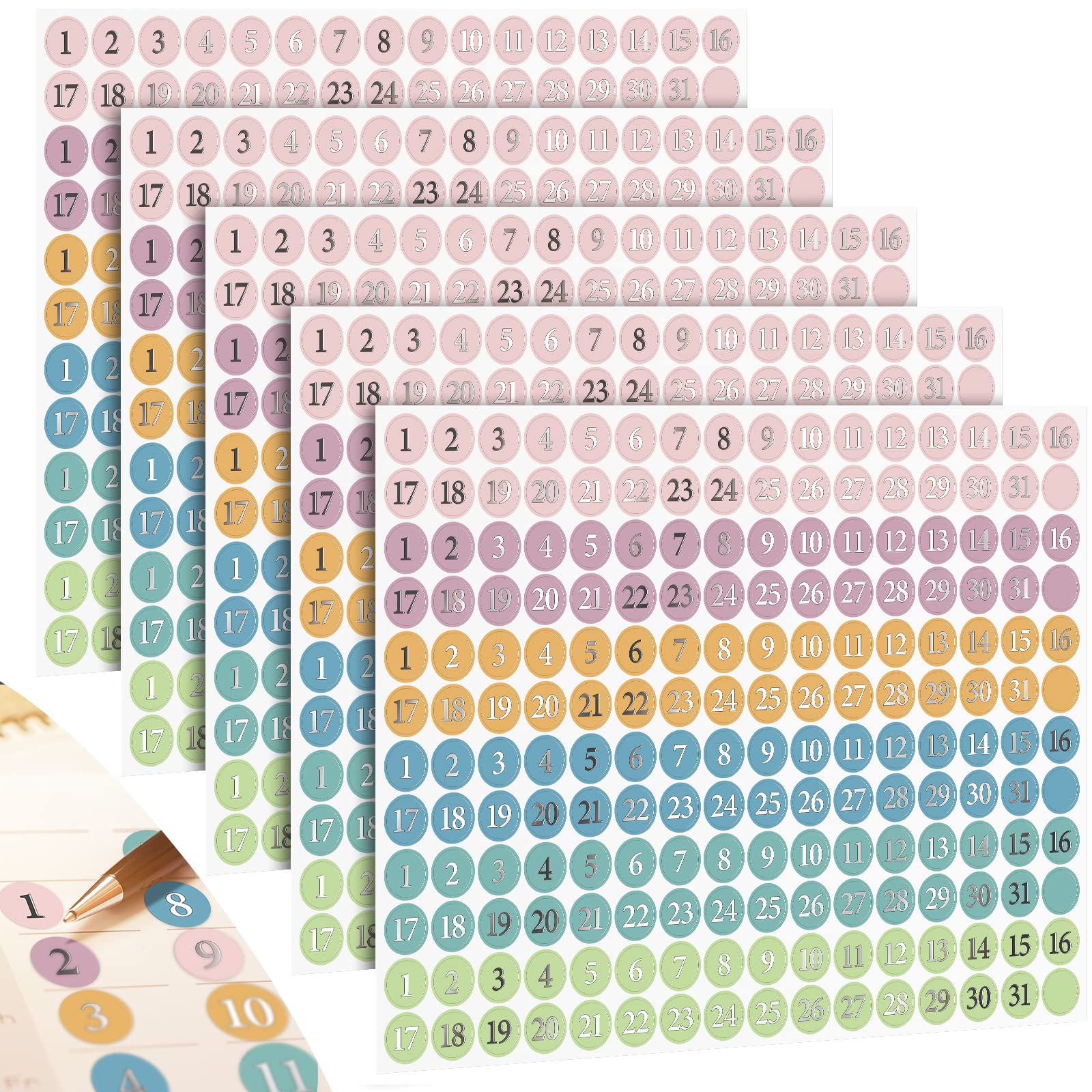 1860 Pcs Foiled Dates Round Dots Stickers for Planners Small Colorful Number Decorative Monthly Calendar Stickers Accessories for Planners Journals Calendar Notebooks