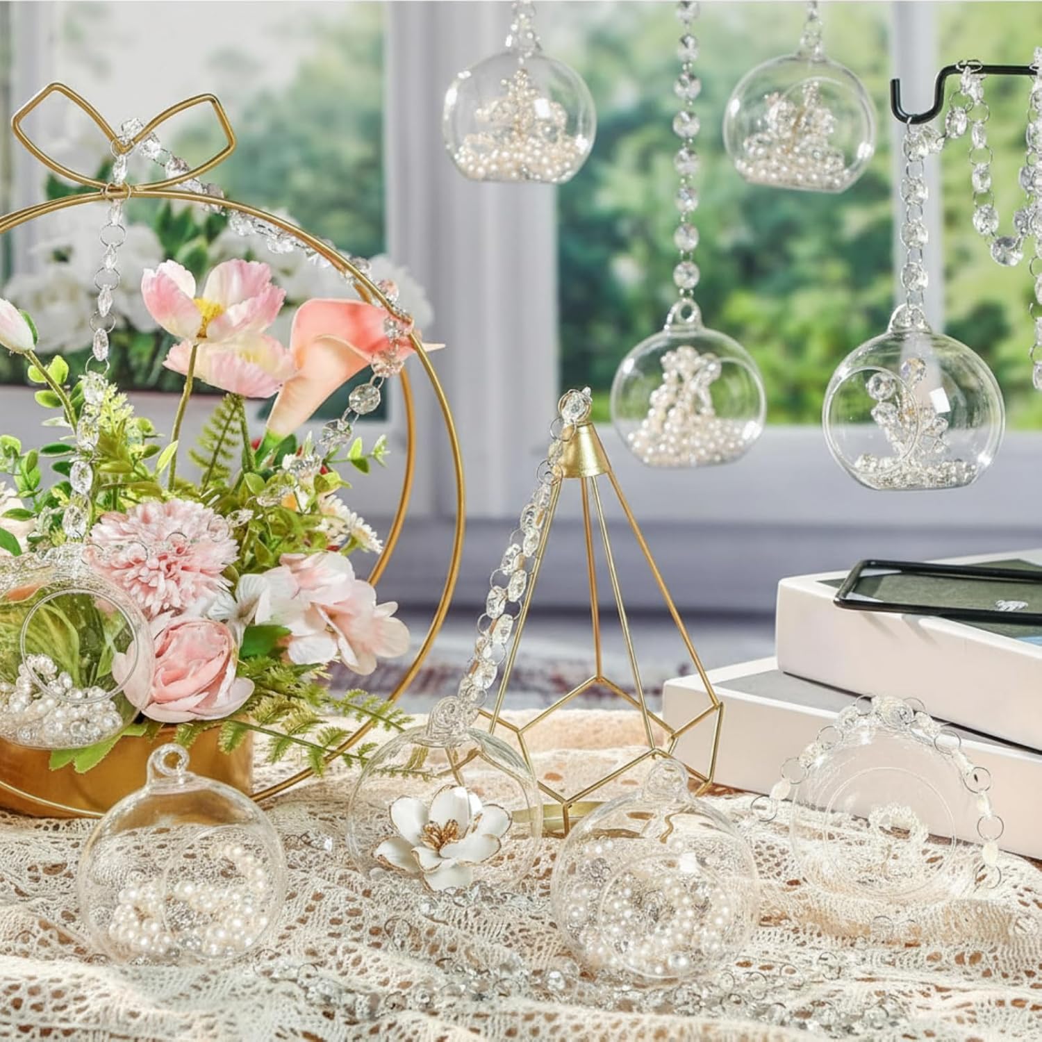 3.15'' hanging glass tea light candle holder globe and clear k9 crystal garland strands, hanging glass terrarium containers for christmas tree wedding party tree decoration 17 clear