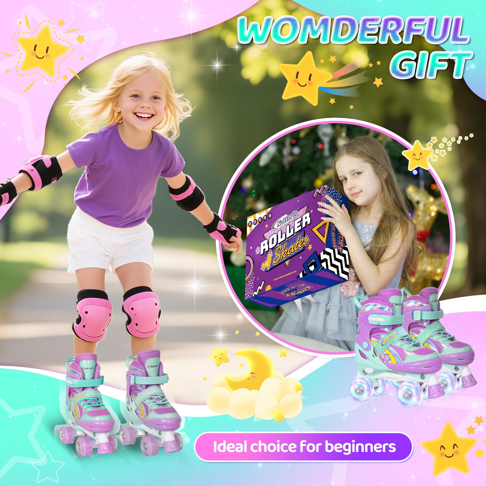 Nattork Girls Roller Skates for Kids, 4 Size Adjustable Rainbow Quad Skates with All Light Up Wheels - Best Birthday Gift for Outdoor Sports