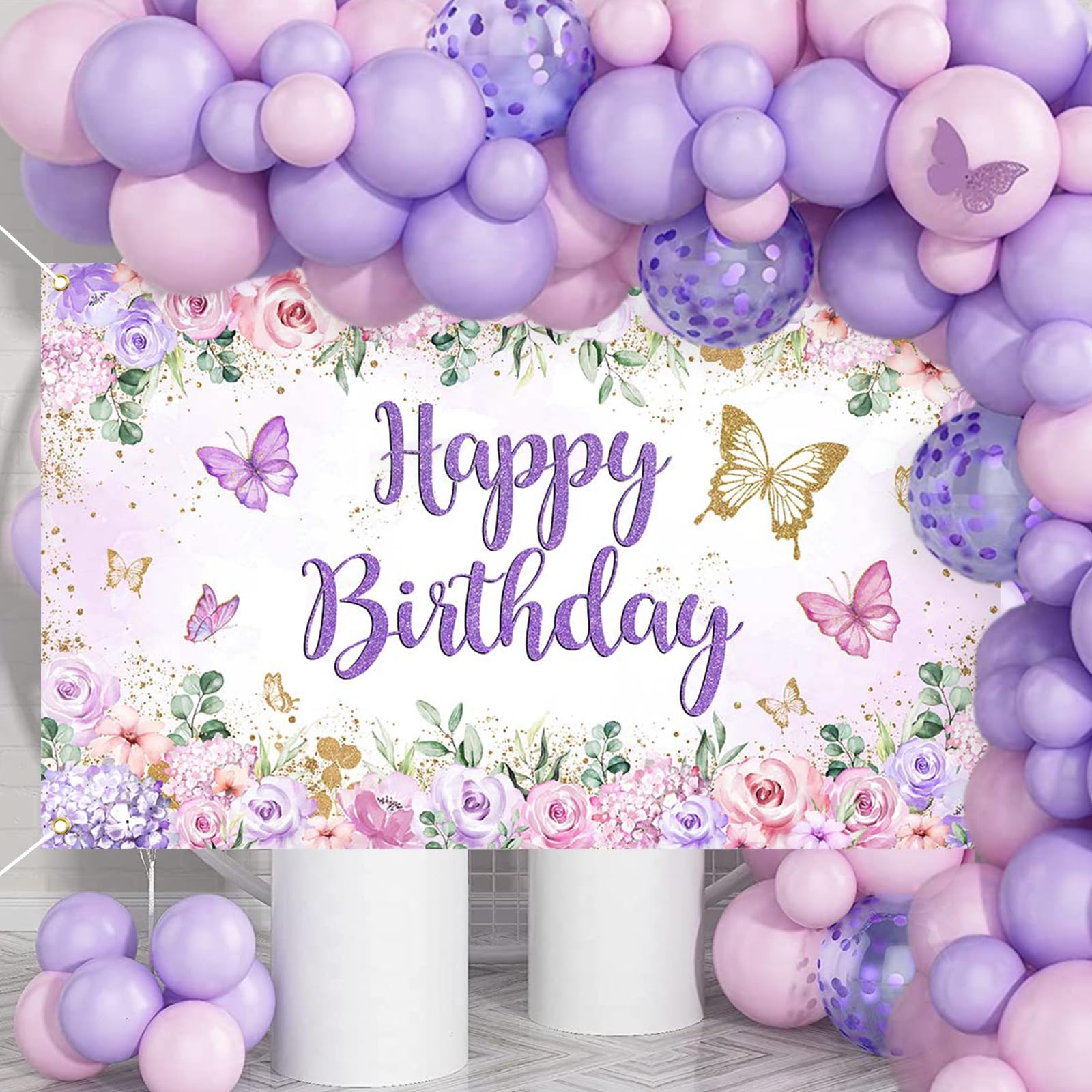 Mocsicka Pancarta de cumpleaños de mariposa, telón de fondo de mariposa morada, feliz cumpleaños, niña, fiesta de cumpleaños, decoración de cumpleaños de mariposa, 70.8 x 43.3 pulgadas