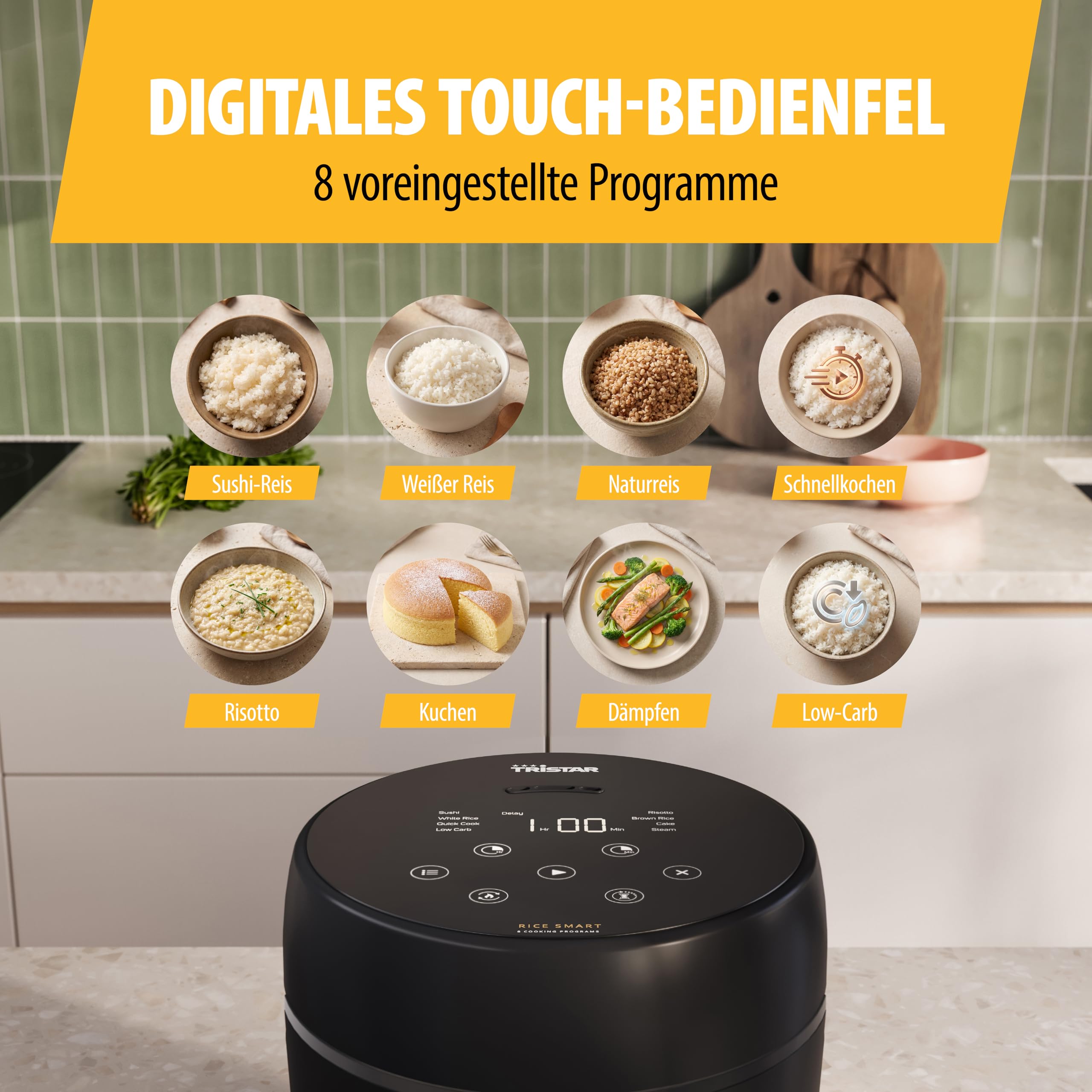 Tristar Digitaler Reiskocher mit Low-Carb-Funktion, 8 Automatikprogramme, 0,6 L Reis Kapazität, Digitales Bedienfeld, Leicht zu Reinigen, RK-6238