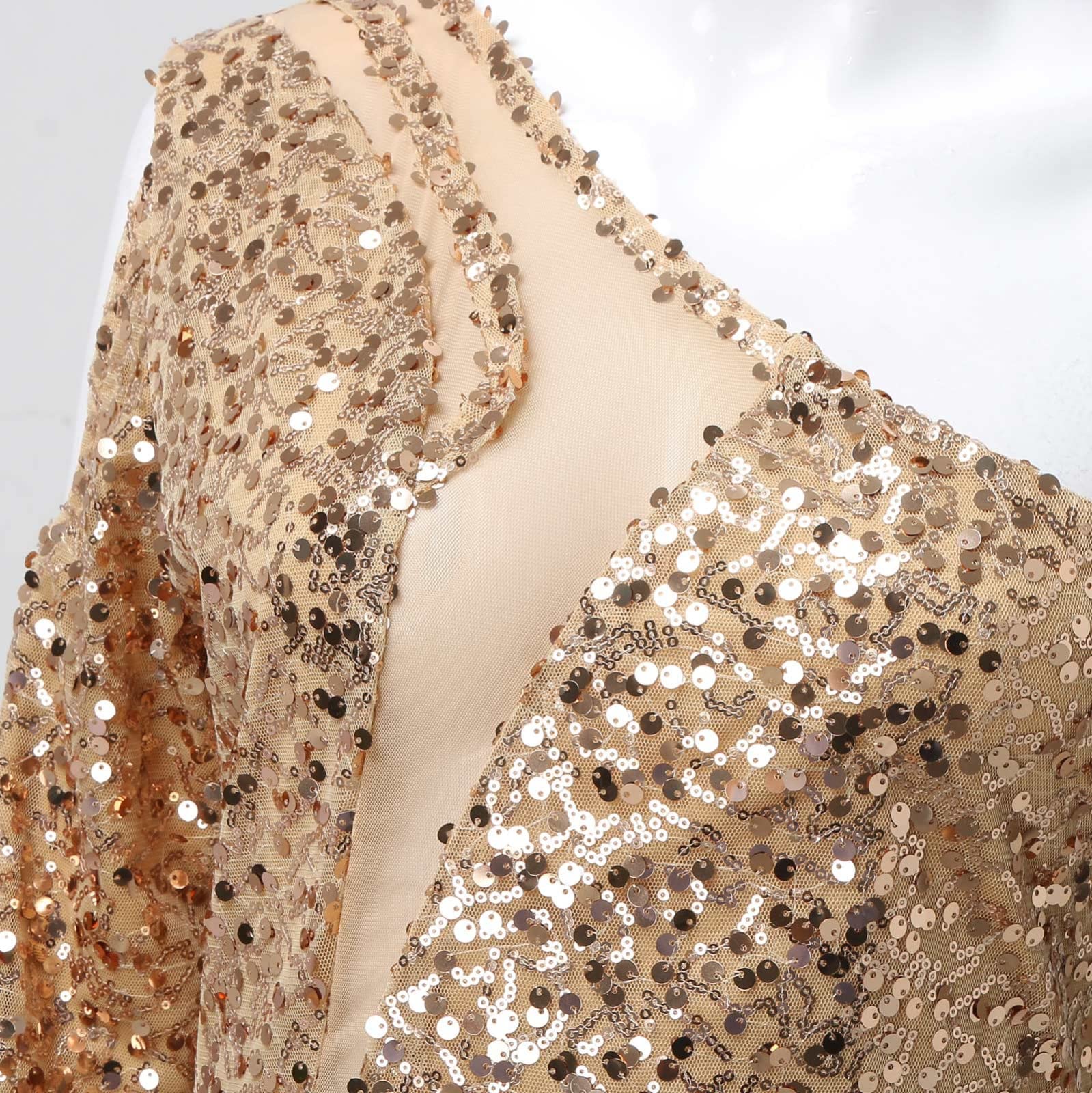 Abito da sera da donna, in oro, con scollo a V, senza maniche, lunghezza al ginocchio, con paillettes, elegante, vintage, per feste, cocktail, da donna, per feste