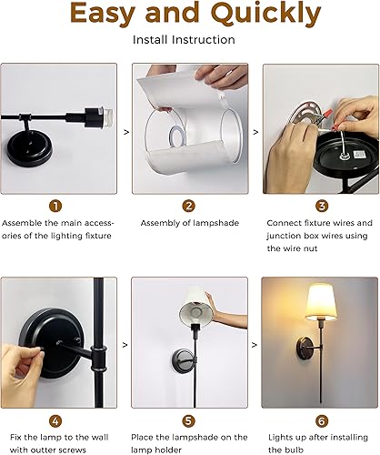 Miniatura 6 de DORESshop Juego de 2 apliques de pared, lámparas de pared industriales retro, lámpara de tocador de baño con pantalla de tela, lámpara de pared para