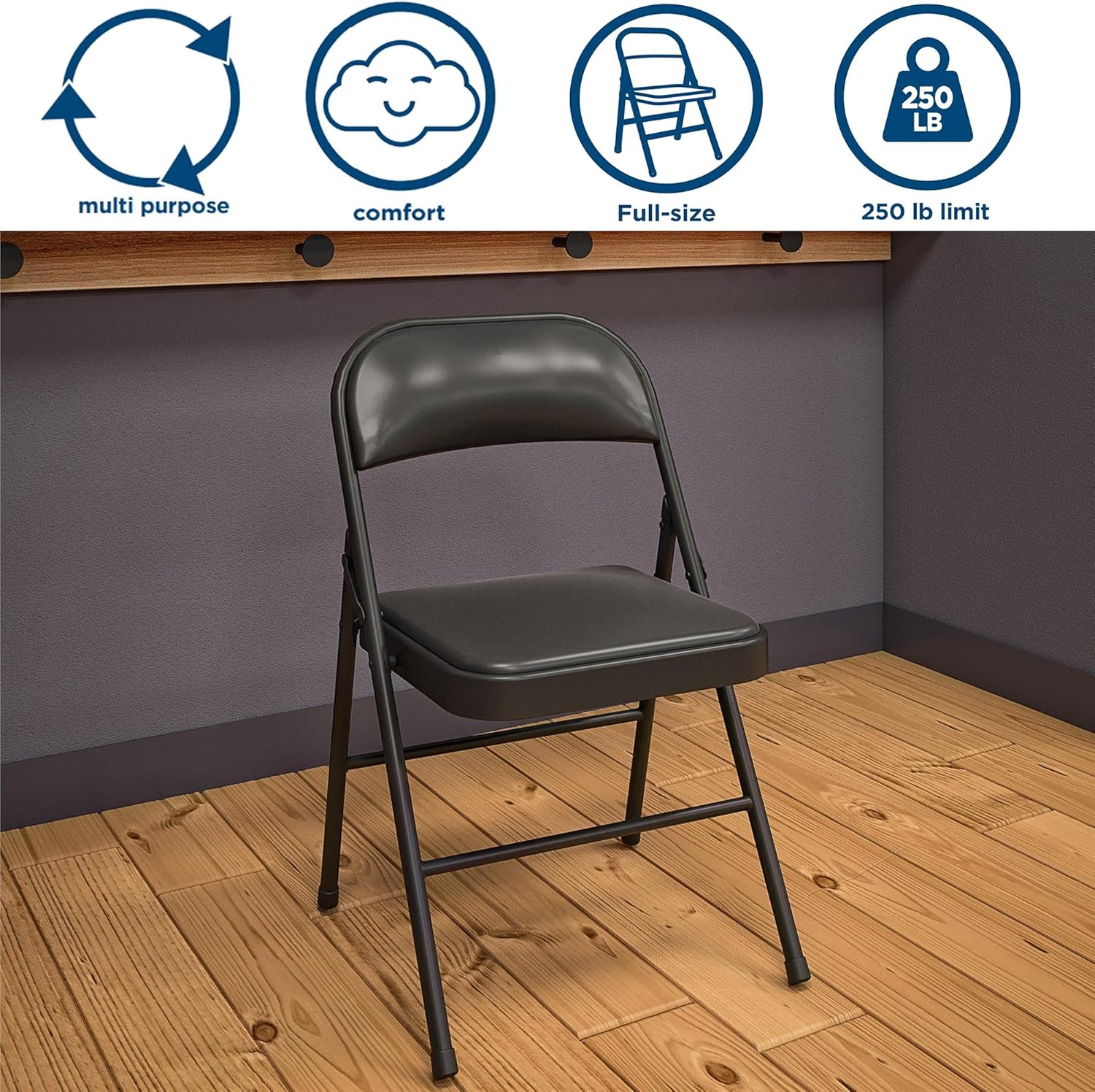 COSCO Essentials Vinyl Padded Seat & Back Folding Chair, Double Braced, 2 Pack, Black : Everything Else