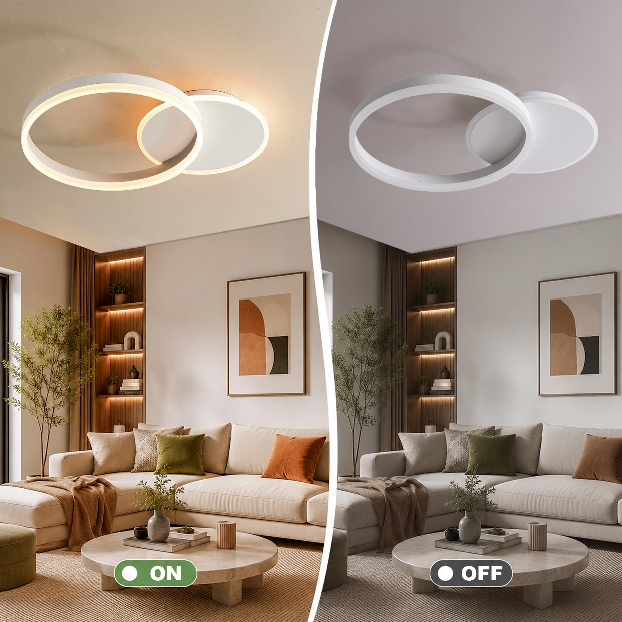 Plafoniera LED Soffitto 36W, Plafoniera LED Dimmerabile 3000K-6000K | lampadario camera da letto con Telecomando, lampadario soffitto moderno, Alluminio, Salone da Due Cerchi, luci soffitto