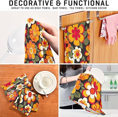 Miniatura 7 de GAIREG Orange Retro Hippie Flowers Dish Rag Set, 28x18 Inch Absorbent Winter Towels Kitchen, Set of 6
