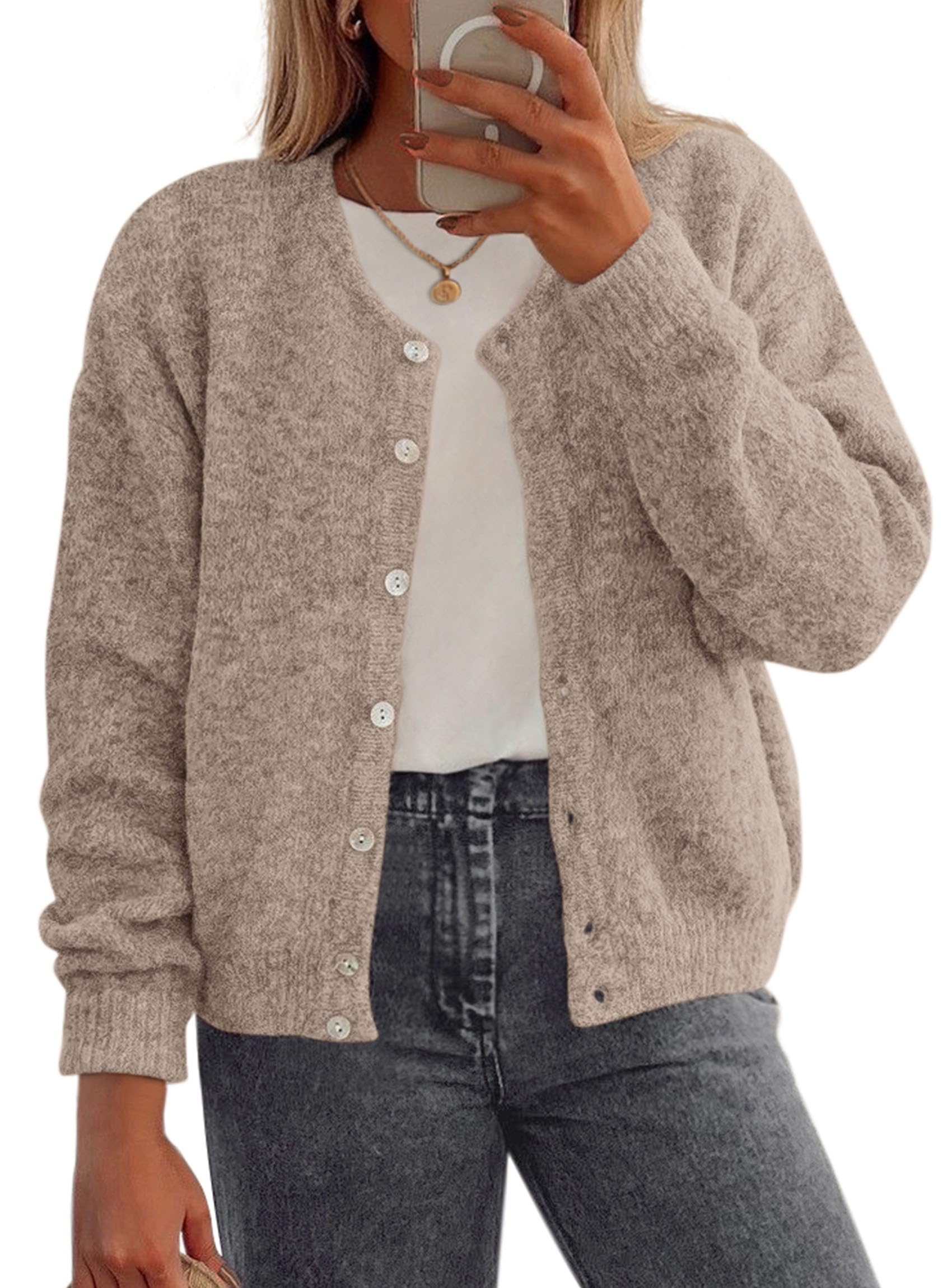 Photo 1 of ***RUNS BIG*** PRETTYGARDEN Fall Long Sleeve Cardigans for Women Trendy 2026 Lightweight Button Down Crewneck Loose Knit Sweater Clothes (Light Khaki,Small)