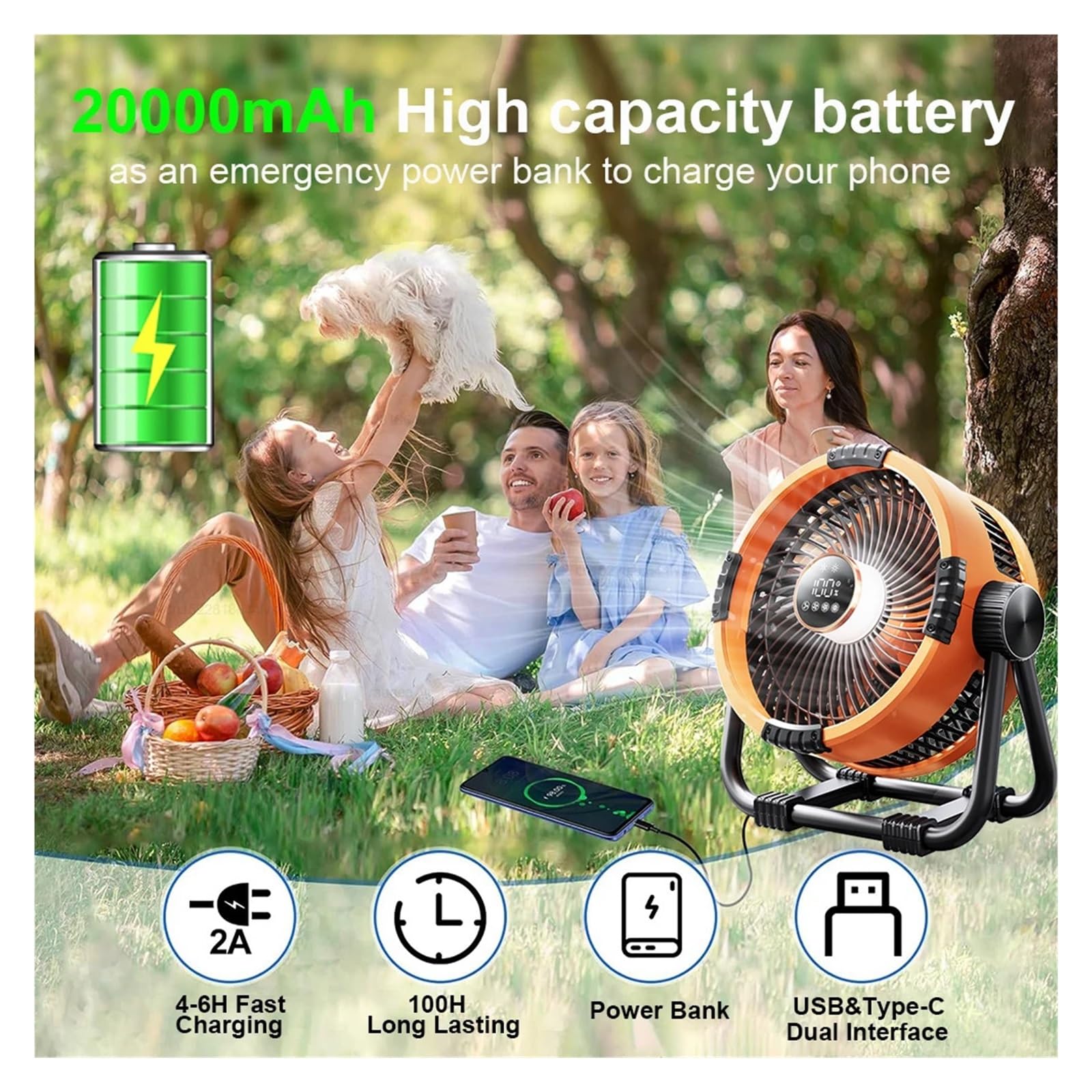 Generico Ventilatore da campeggio for esterni | 20000 mAh, wireless, rotazione a 360°, telecomando, LED, gancio, soffitto(Orange)