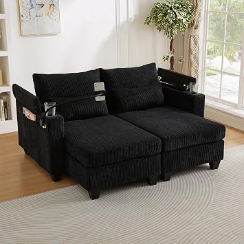 63" Corduroy Sleeper Sofa with USB Ports & Two Cup Holders,Convertible Chaise Lounge with Pillow,Modern Comfortable Loveseat Couch with Phone Holder & Storage Arms for Living Room,Bedroom,Black