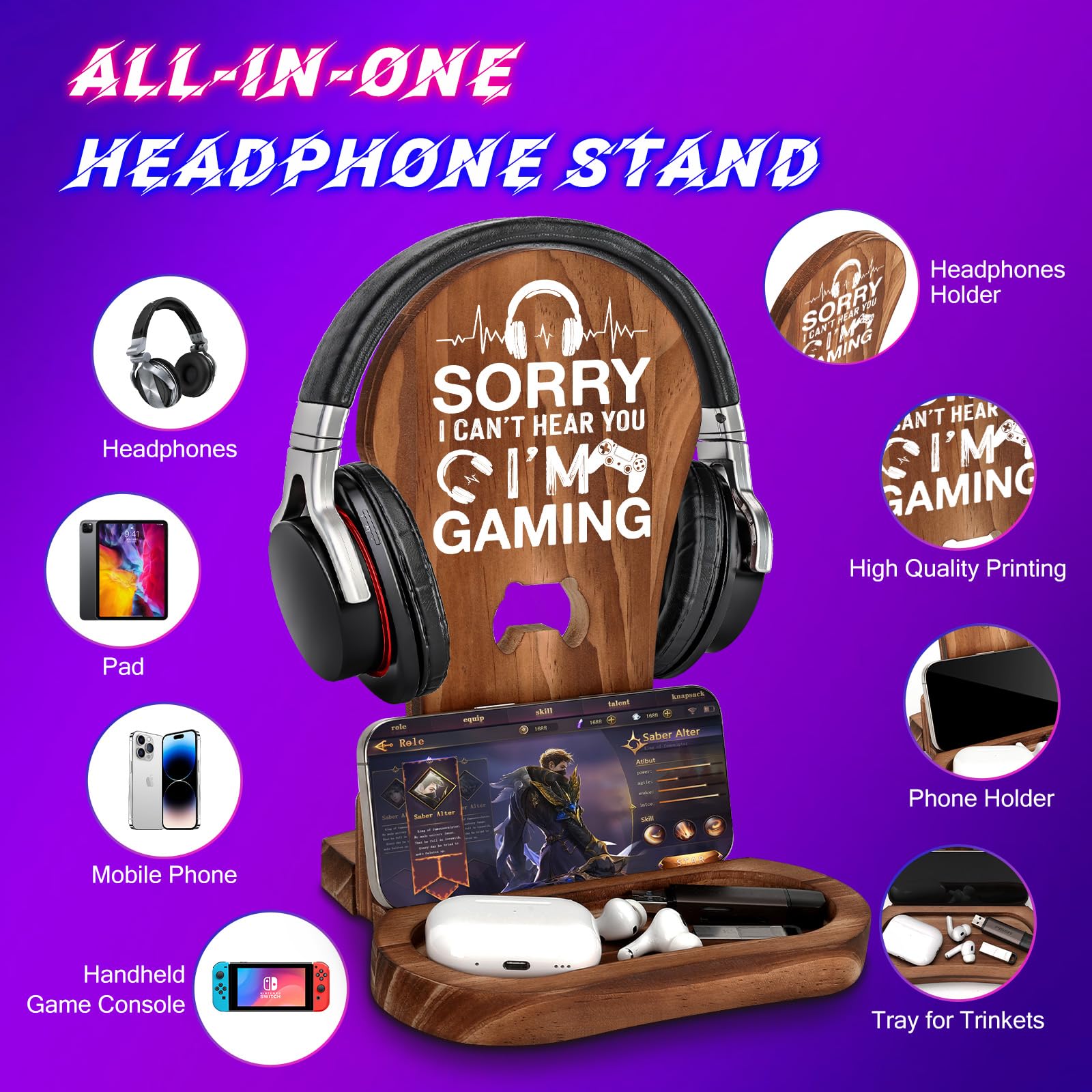 CryCarrot Regalos para jugadores para adolescentes y hombres, soporte de madera para auriculares y decoración de sala de juegos, con texto en inglés "Sorry I Can't Hear You I'm Gaming"