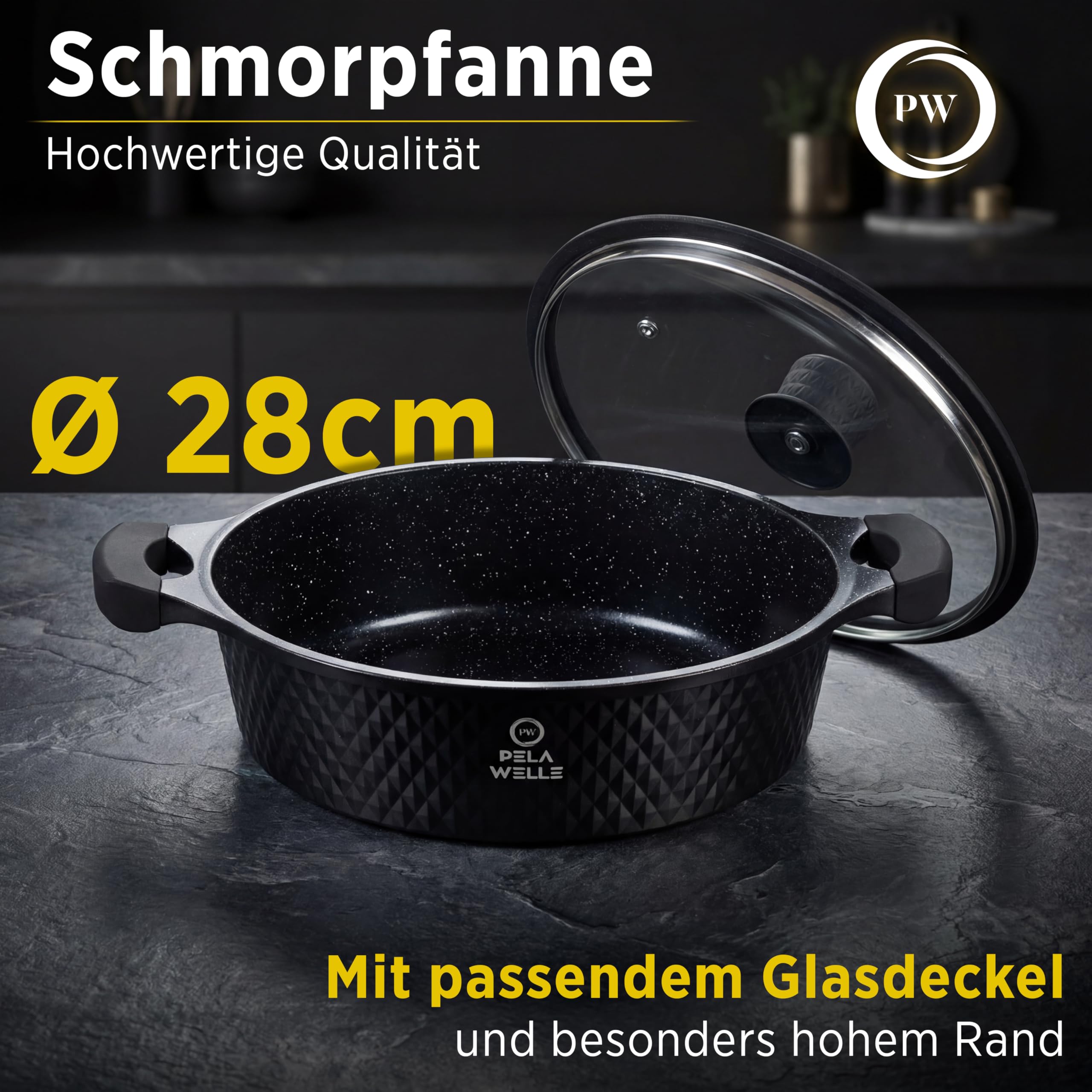 Pela Welle® Bratpfanne 28 cm | beschichtete Pfanne Induktion | Schmorpfanne 28 cm hoher Rand | frying pan induction | Keramikpfanne | Schmorpfanne mit Deckel | Brat- & Universalpfanne | Schwarz