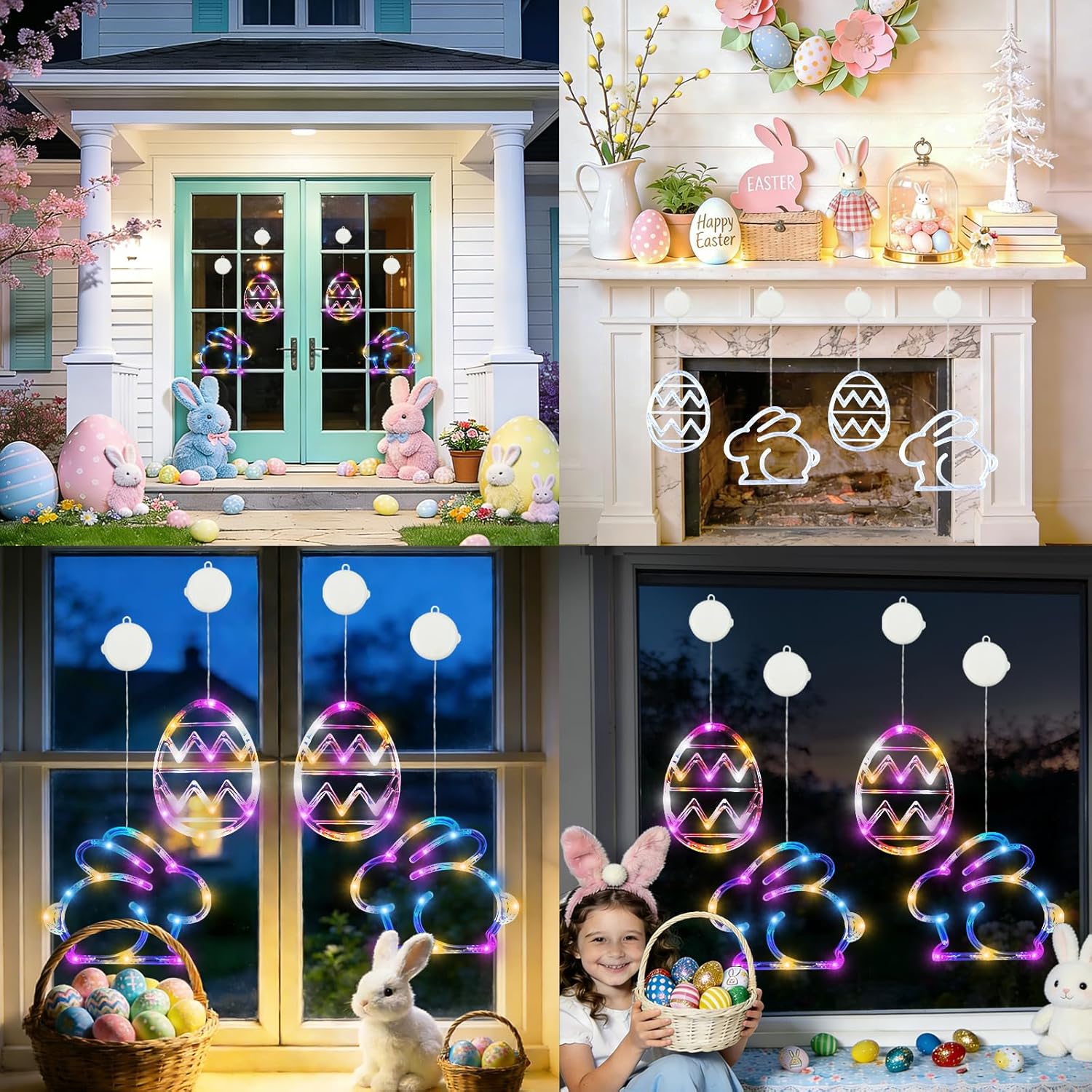 4 Pack & 3Pack Easter Window Lights, Multicolor Bunny and Egg Lights, Battery Operated Easter Window Decorations Light up with Suction Cup and Timer Function for Indoor Window Glass Wall Party Decor