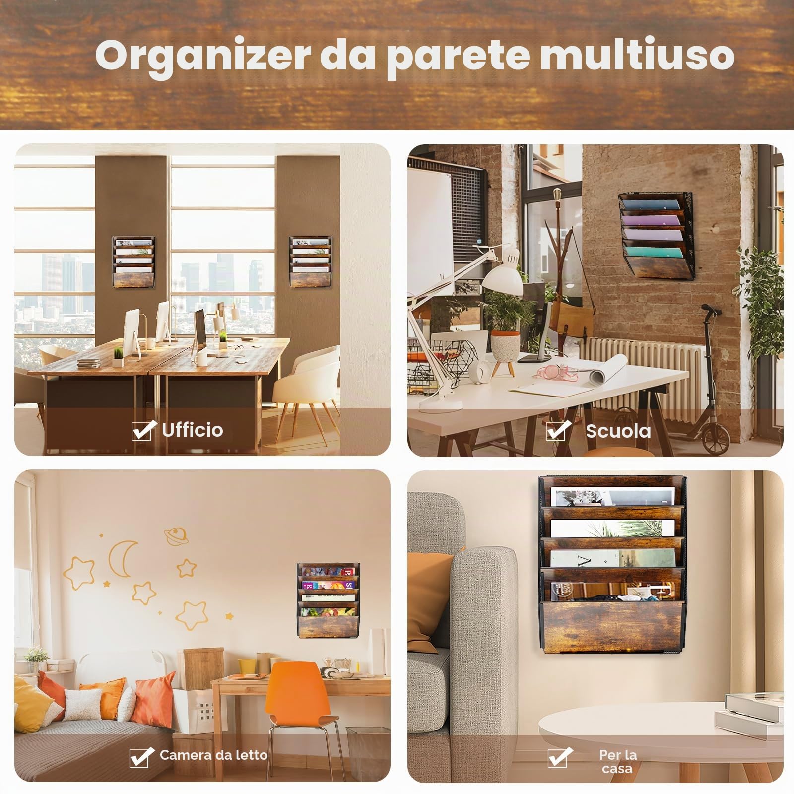 TQVAI Organizer Documenti Parete, 5 Ripiani Metallo Legno Portariviste Parete Scaffale per Documenti A4 Organizzatore Scrivania Ufficio Casa, Antico/Nero