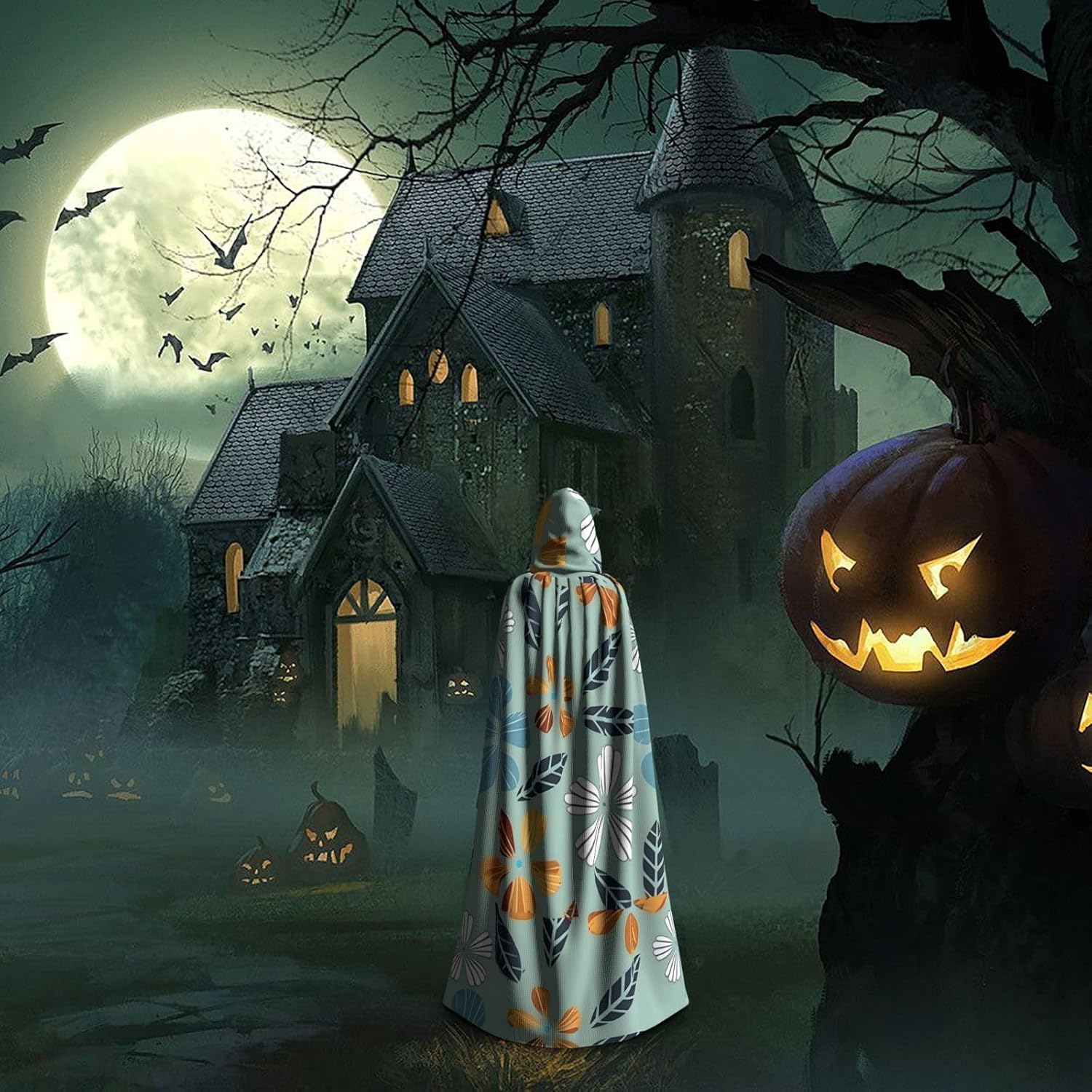 Light Coloured Floral Men Women Halloween Role Play Party Decoration Hooded Poncho Black