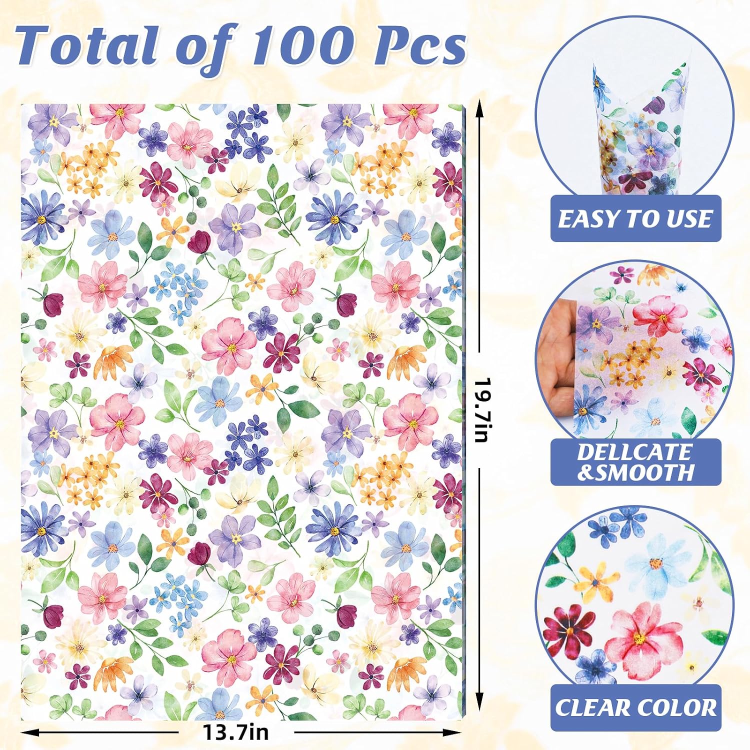 100 Sheets Floral Tissue Paper, 20 x 14 Inch Watercolor Wildflower Patterns Gift Wrapping Paper for Birthday Wedding Bridal Shower Party Supplies