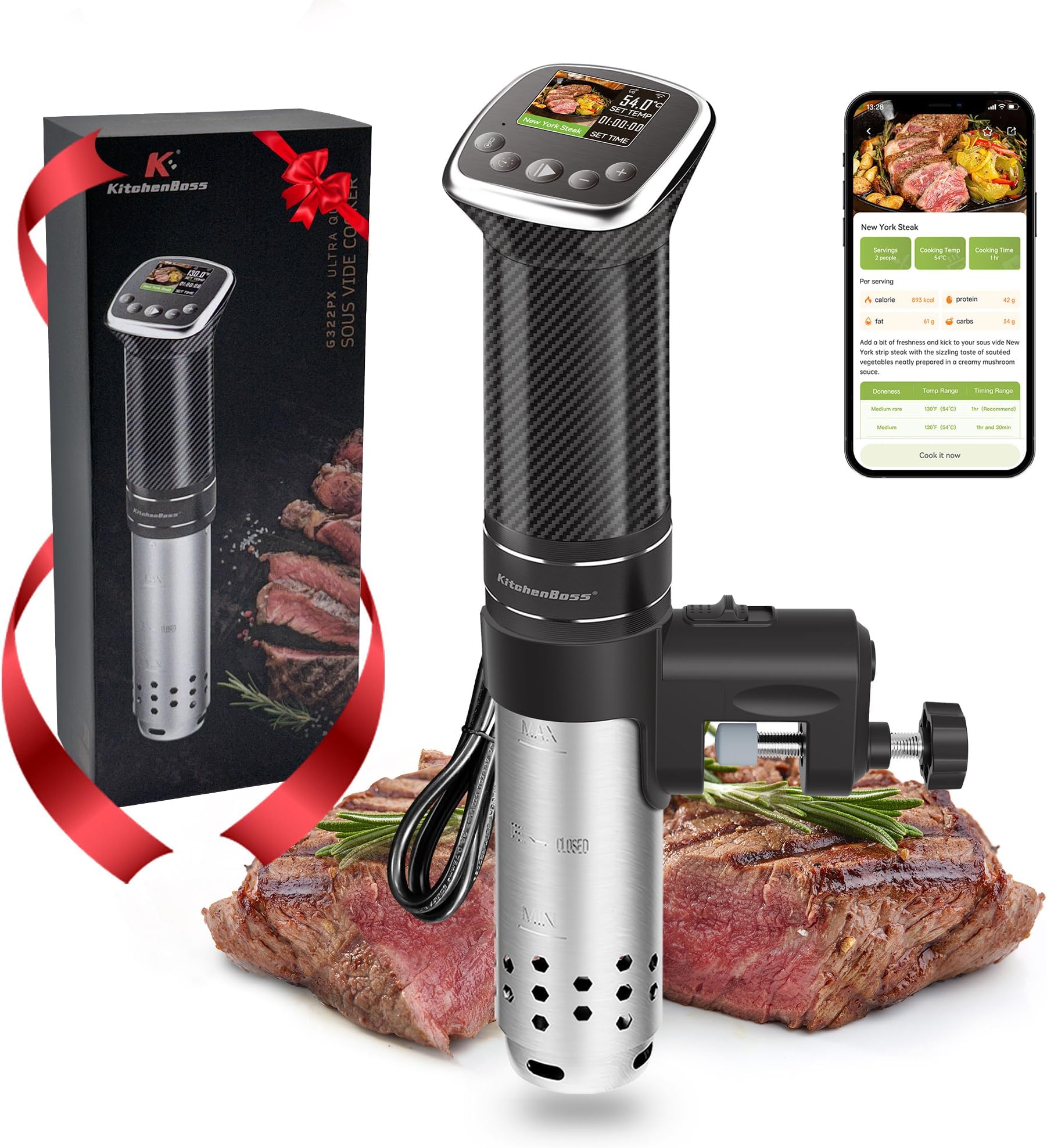 KitchenBoss WIFI Sous Vide Machine: Sous Vide Cooker Ultra Quiet Cooking Machine 1100W Stainless Steel IPX7 Waterproof Immersion Circulator LCD Preset Recipes Black