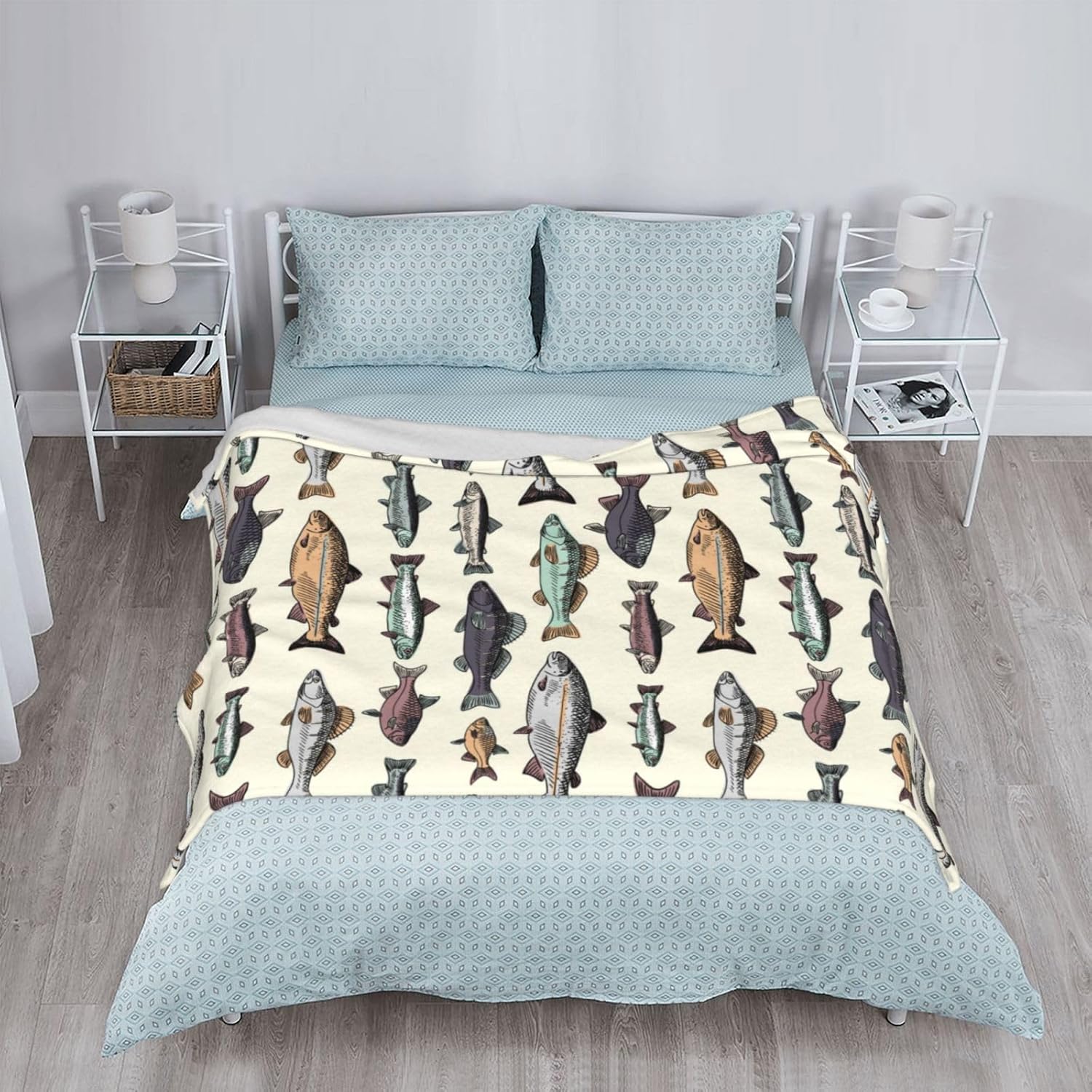 Vintage Fish Blanket Soft Lightweight Throw Blankets Cozy Flannel Bed Throws for Sofa Couch Travel Home Room Bedroom Decor Gifts for Boys Girls Kids Adults 50"x40" - Image 4