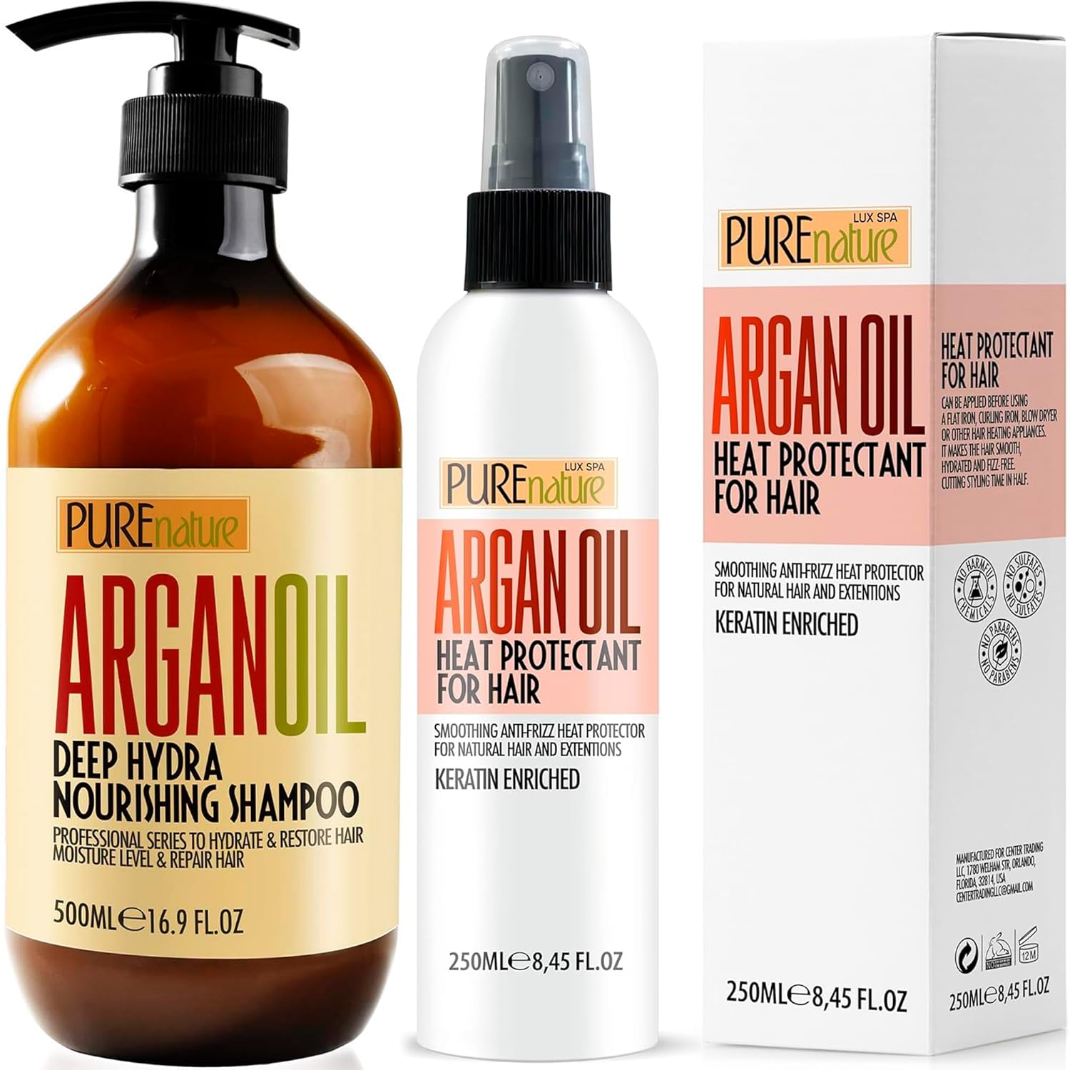 PURE NATURE Argan Oil Shampoo and Heat Protectant Spray for Hair with Keratin