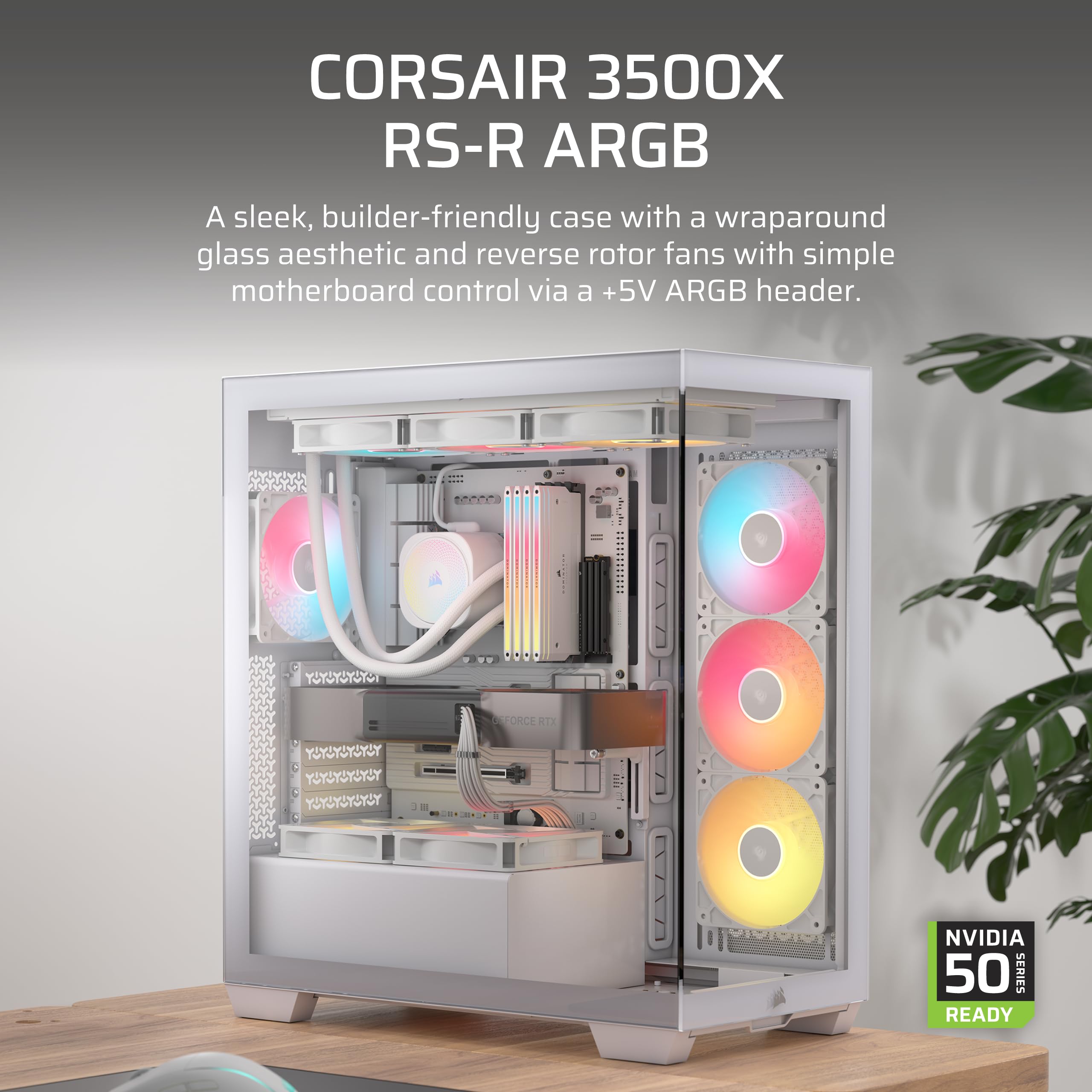 CORSAIR 3500X RS-R ARGB Panoramic Mid-Tower PC Case – 3x Pre-Installed RS120-R ARGB Fans, GPU Anti-Sag Arm, Fits up to 10x 120mm Fans, Reverse Connection Motherboard Compatible – White — view 2
