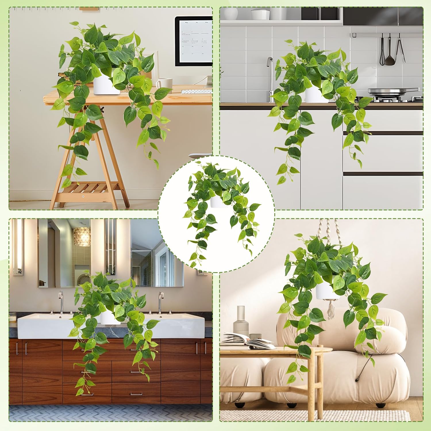 Waipfaru Artificial Plants Indoor, 2Pcs 34" Realistic Fake Pothos Hanging Plants Silk Vines Ivy Potted, Fake Pothos for Living Room Office Bedroom Bathroom Kitchen Shelves Indoor Home Decor