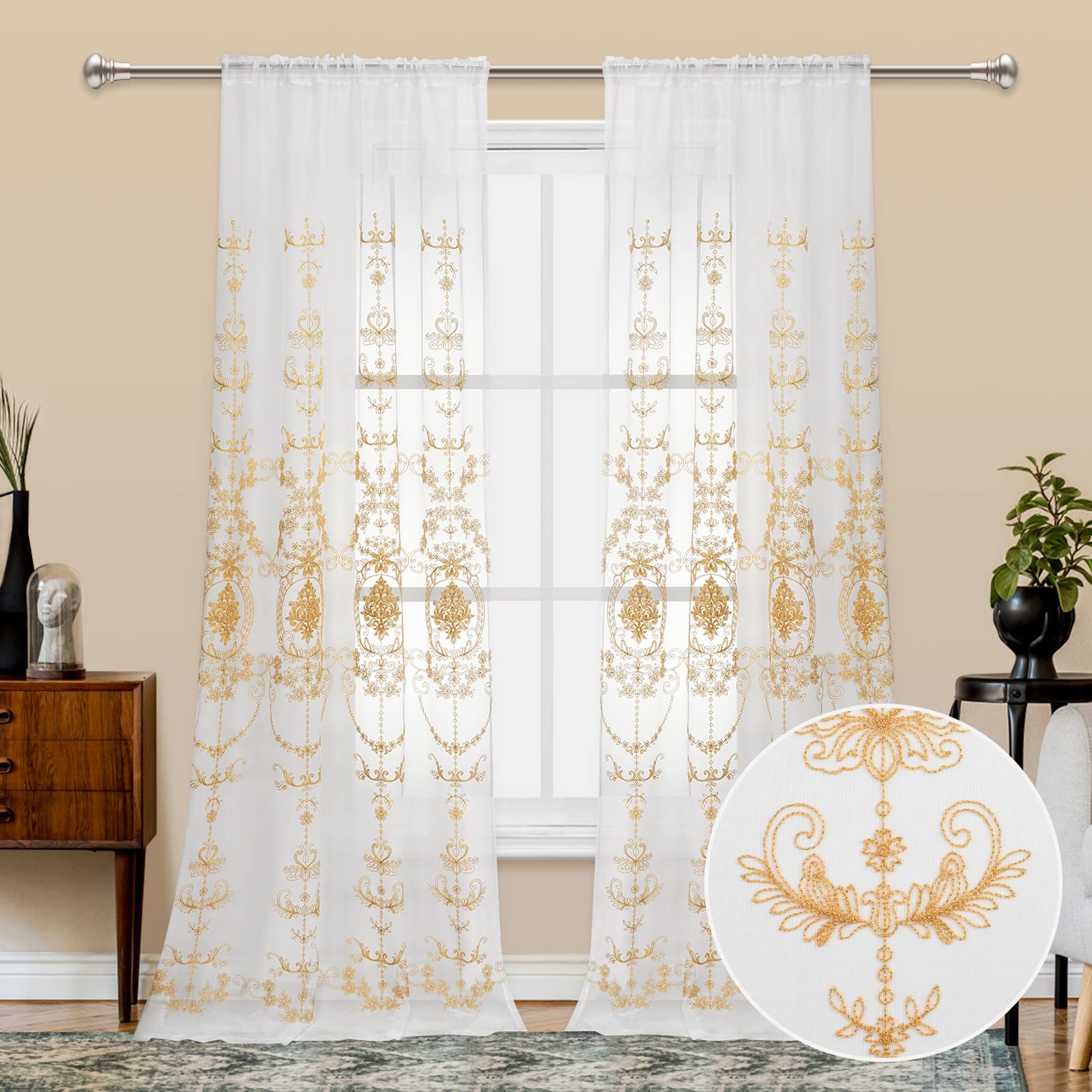 Lot De 2 Rideaux En Dentelle Blanche Transparente - Motif Floral, Bords Ondulés, 150 X 250 Cm, Pour Salon/chambre - 7