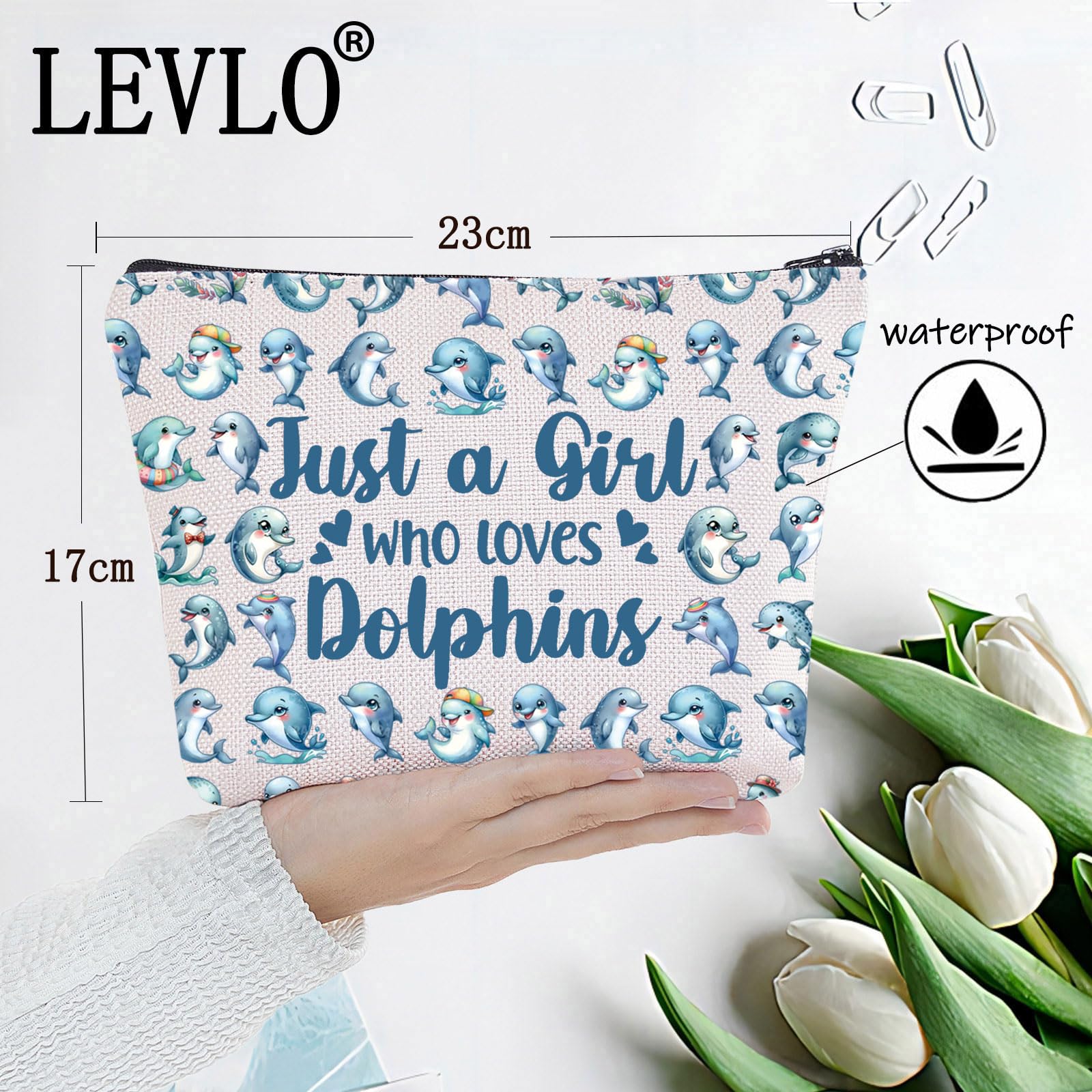 LEVLO Funny Dolphin Cosmetic Bag Animal Lover Gift Just A Girl Who Loves Dolphins Makeup Zipper Pouch Bag Dolphin Lover Gift Loves Dolphins F Bag - Image 2
